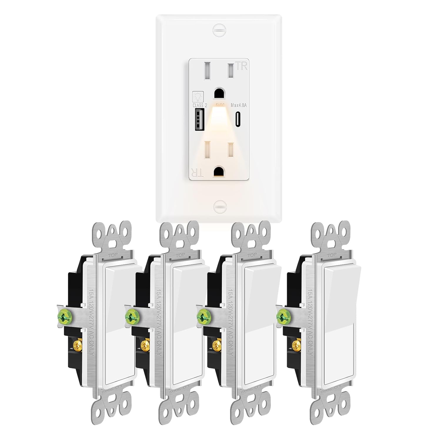 3 Way Decora Switch White+USB C Outlets with Night Lights Built in,Grenncycle 1PK 15Amp High Speed Night Light Wall Outlet,4.8A USB A/C Ports Electrical Outlet Tamper-Resistant,Wall Plate Included for