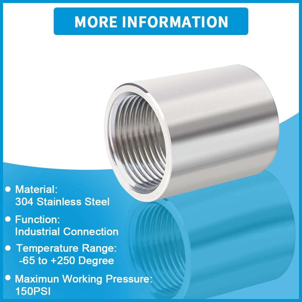 Quickun 304 Stainless Steel Pipe Coupling Fitting, 1/4" x 1/4" Female Pipe Coupler Connector Adapter Fitting (1" Length, 2Pcs)