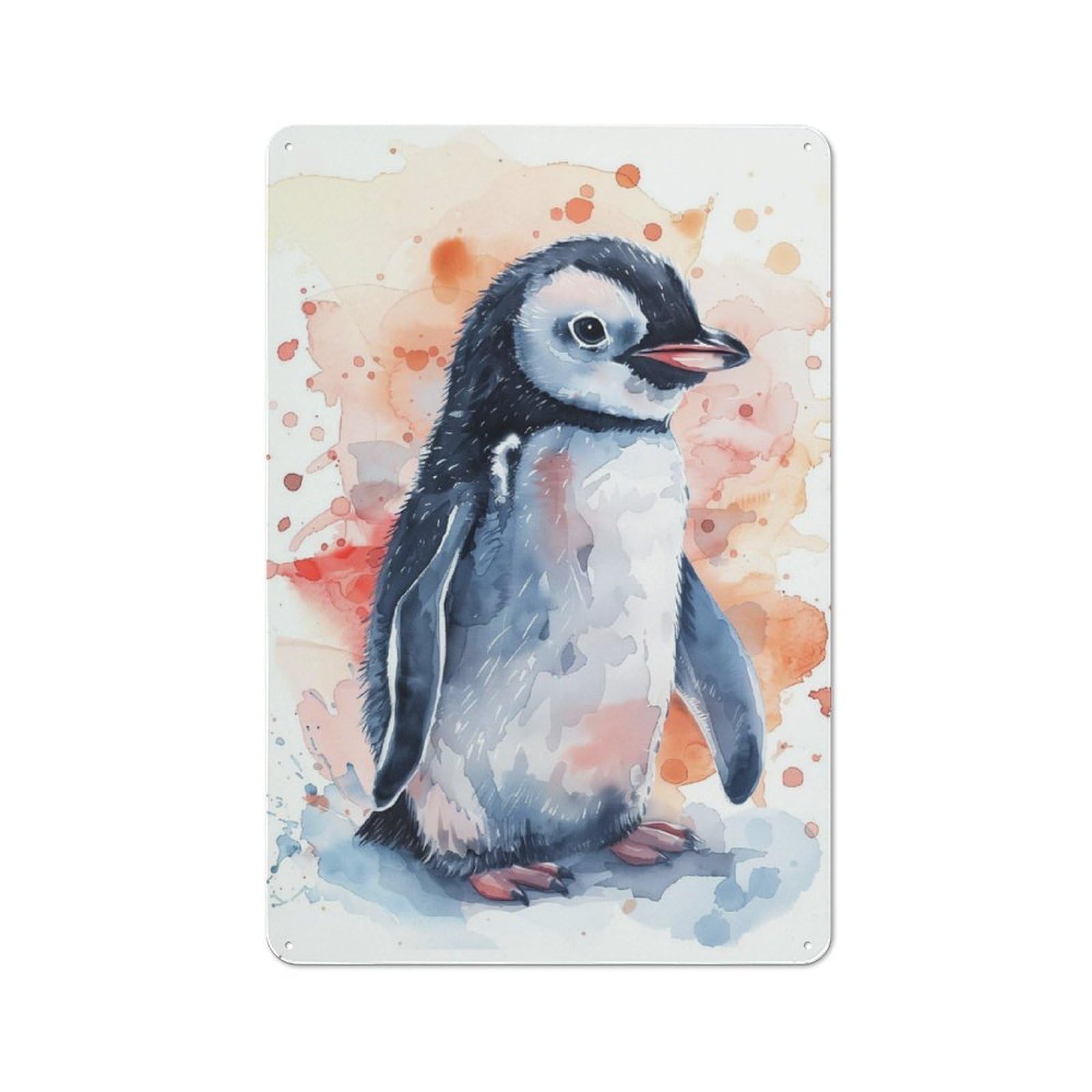 Metal Sign 30x20cm with Watercolor Penguin for Hallway Wall, Rustic Decor, for Wall Display Collectors
