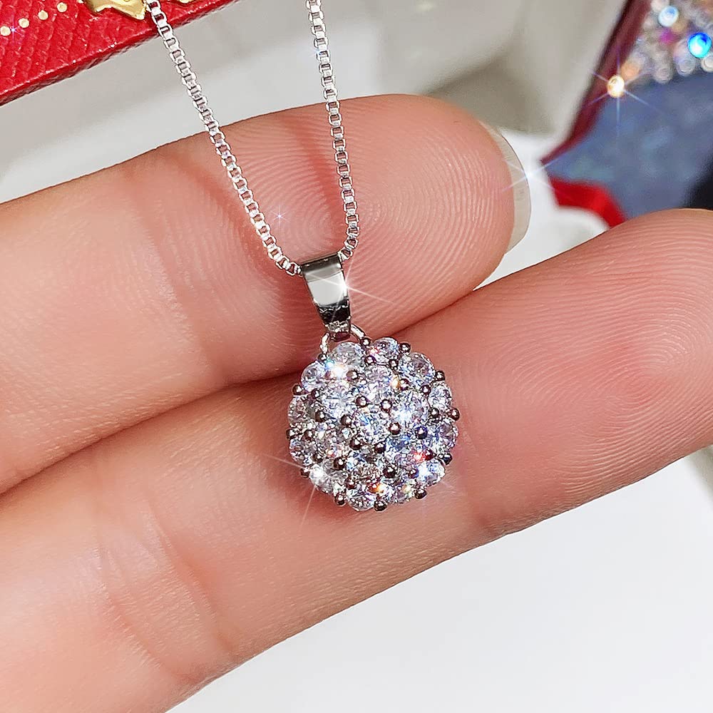 Koguxuix Fashion Jewelry 925 Sterling Silver Full Shiny CZ Crystal Flower Ball Pendant Necklace for Women