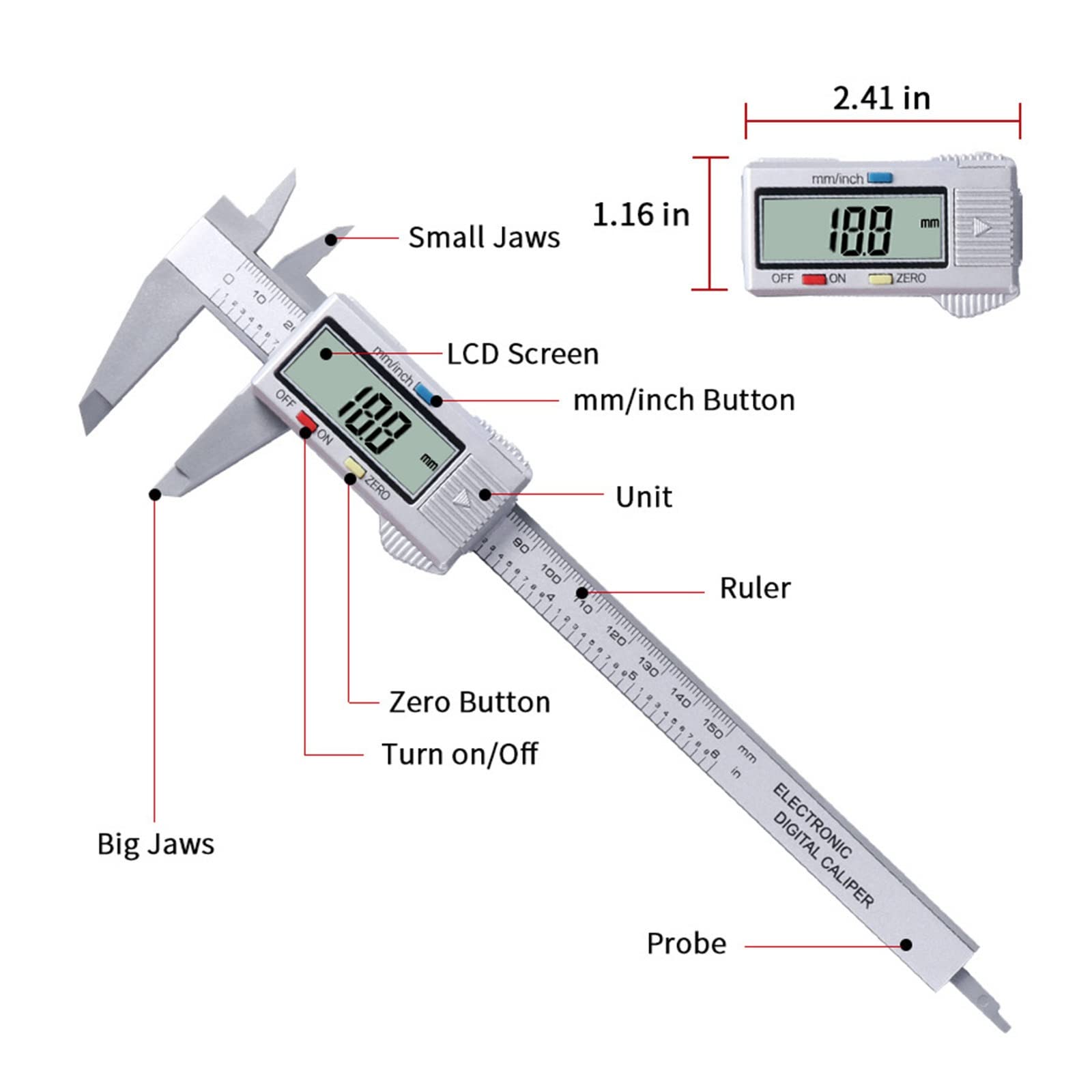 Calibrador Electrónico Digital De 150 Mm con Pantalla Grande De 6 Pulgadas para Uso Doméstico E Industrial.,Silver-0-150mm