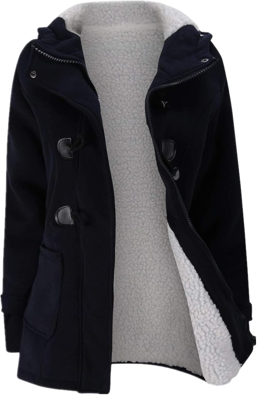JiangWu Womens Fashion Horn Button Fleece Thicken Coat with Hood Winter Warm Jacket