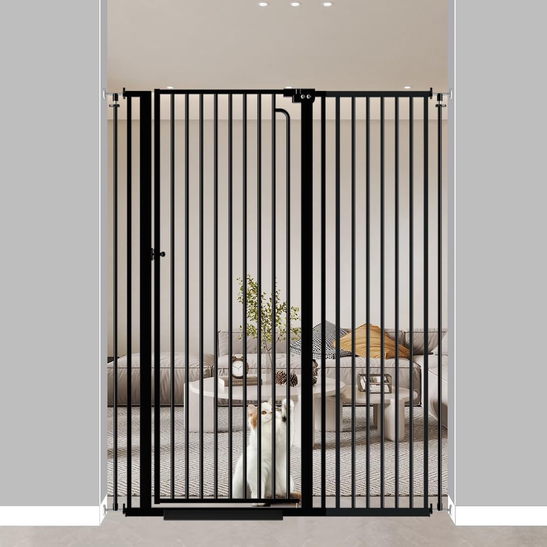 57" Extra Tall Cat Gate, 43.3"-48.0" Wide Pet Gate for Doorway, Pressure Mounted Tall Baby Gate with Door, Walk Through Dog Gate Indoor Stairs, Auto Close Cat Safety Gates, Black 43.3-48.1''W