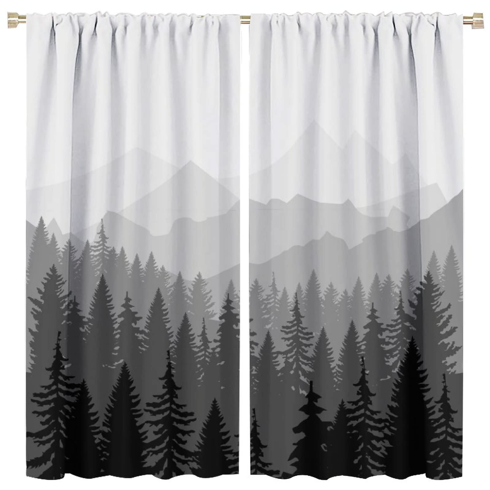 Forest Blackout Curtains Mountains Trees in The Fog Forest Nature Landscape Black Gray Art Printed for Living Room Bedroom Decor Rod Pocket Window