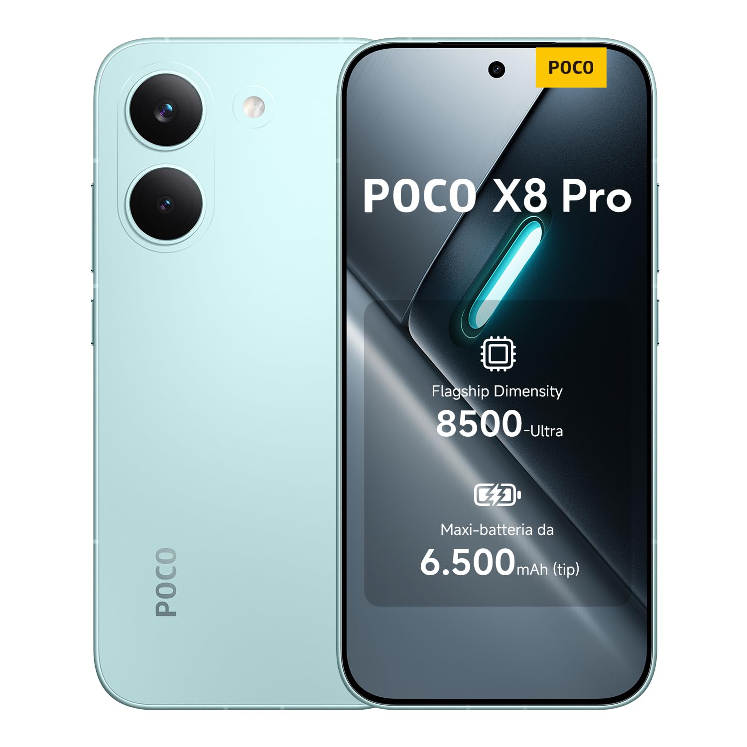 POCO X8 Pro, Smartphone 8+256GB, Dimensity 8500-Ultra, Batteria 6500mAh (typ), Display AMOLED ultra luminoso, Fotocamera 50MP con OIS, Verde, Garanzia 2 anni+1 anno extra, Caricatore non incluso