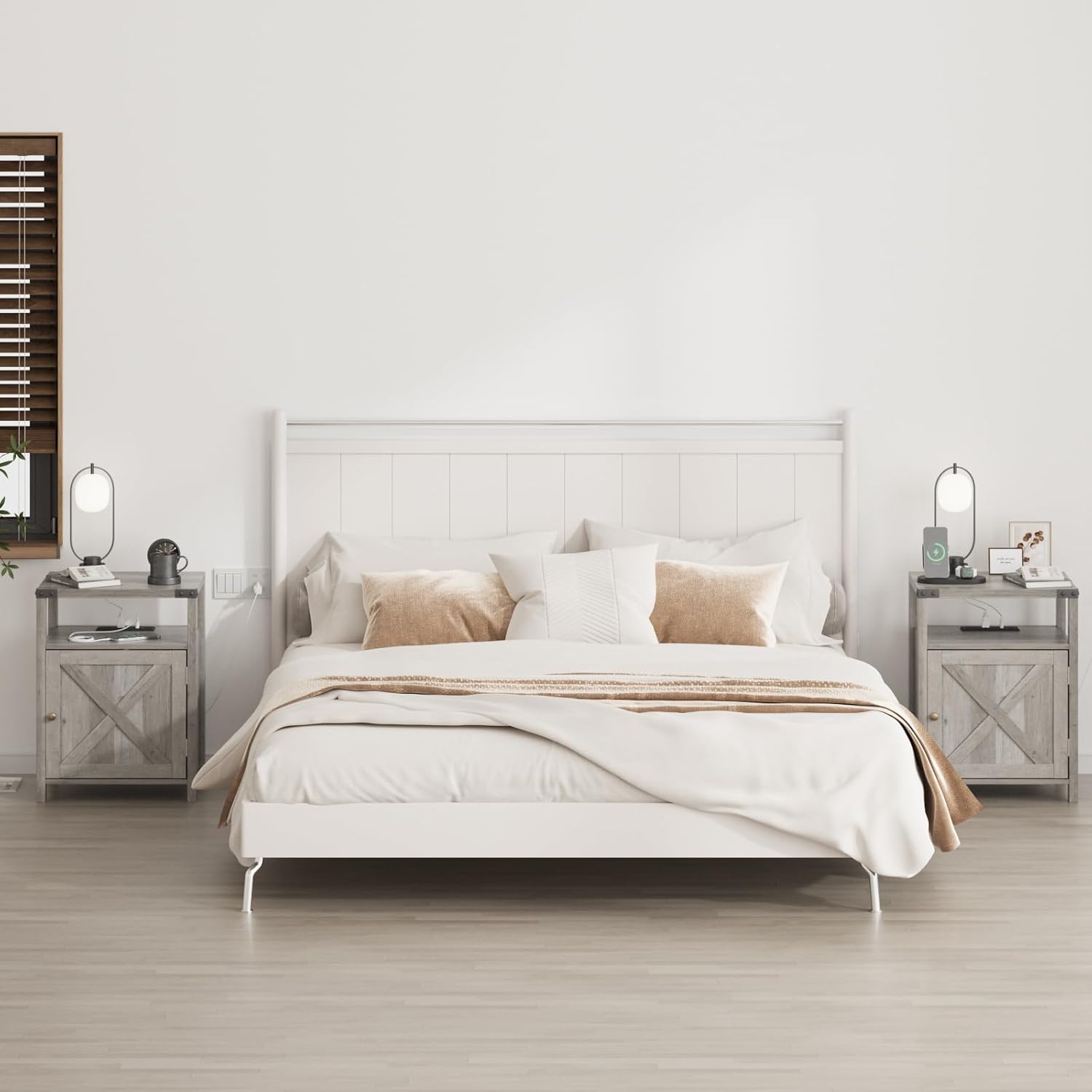 Gray Farmhouse Nightstands with Charging Station and Storage Cabinet, Set of 2