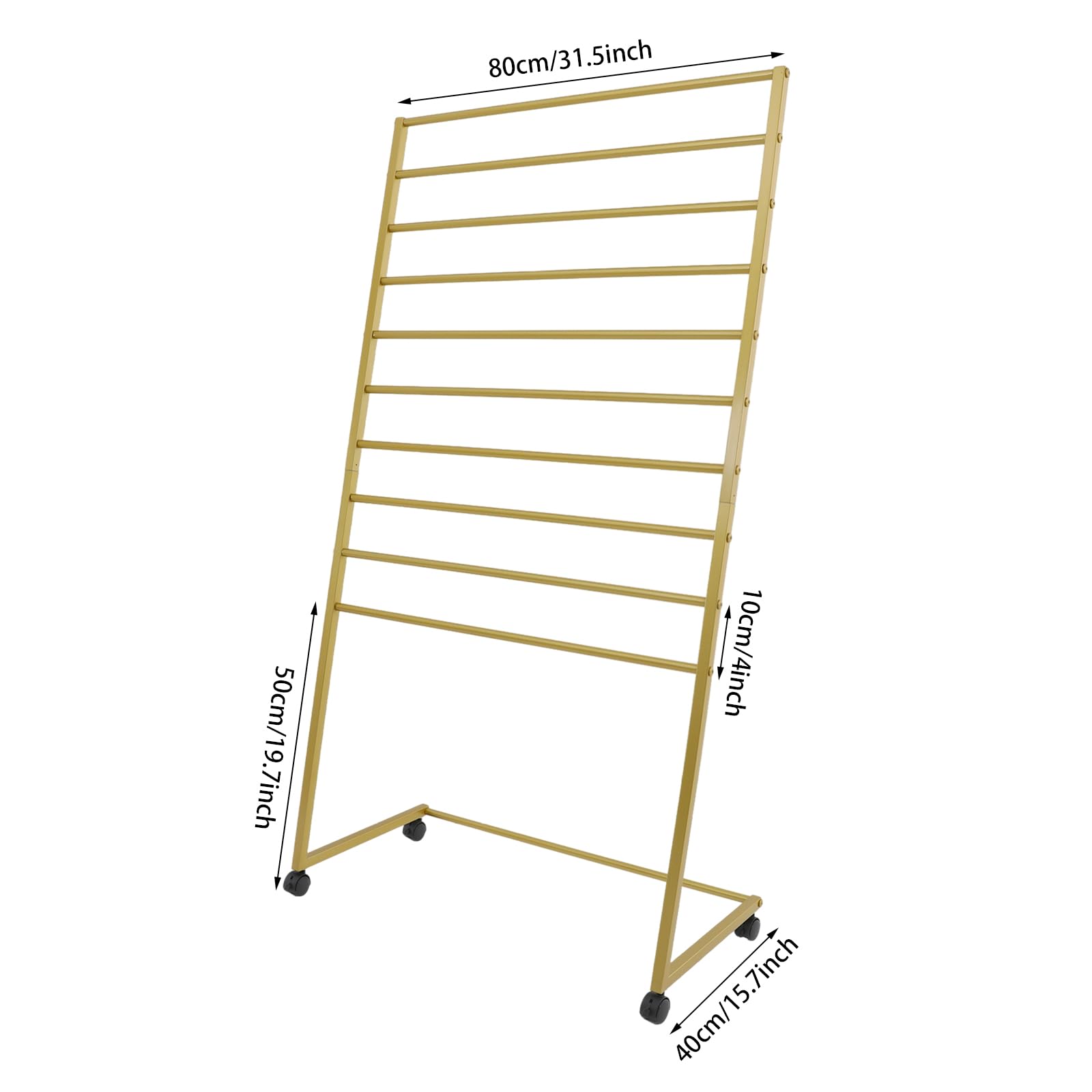 Gold Scarf Display Stand Rolling 10-Tier Scarf Hanger Stand Metal Scarf Holder Organizer with Wheels Freestanding Scarf Rack for Clothing Store Shop Home Bedroom Tie Pants Organization, Gold