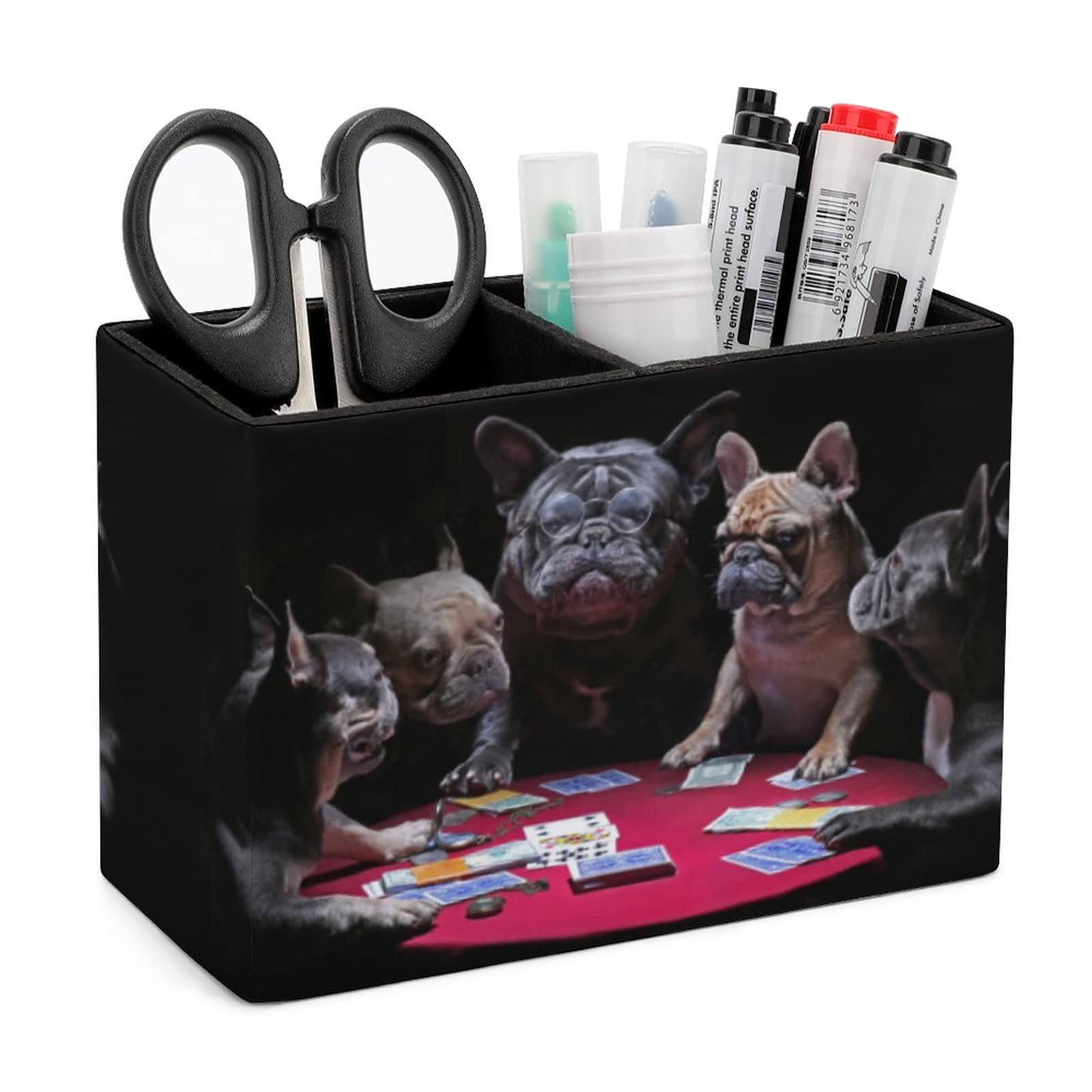 Pencil Holder for Desk, Funny French Bulldog Pen Holder Storage Desktop Pen Organizer Desk Pencil Organizer Makeup Brush Holder for Office School College Leather
