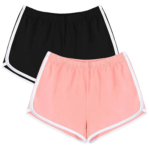 URATOT Women's Cotton Gym Yoga Summer Running Active Dance Elastic Shorts, Pack of 2 - Large - Black, Pink