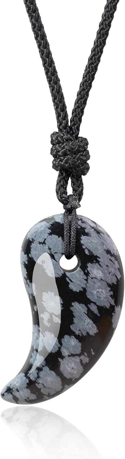 Magatama Snowflake Obsidian Stone Pendant Necklace for Men Women