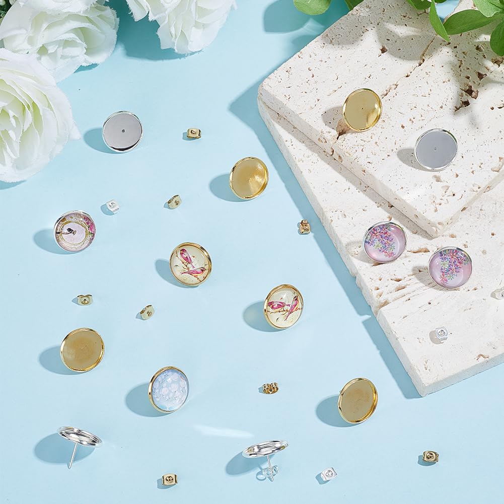 Beebeecraft 1 Scatola da 60 Pezzi di Cabochon per Orecchini in Acciaio Inossidabile Placcato in Oro 18K e Argento Sterling con Base A Castone Perni A Tazza per La Creazione di Gioielli
