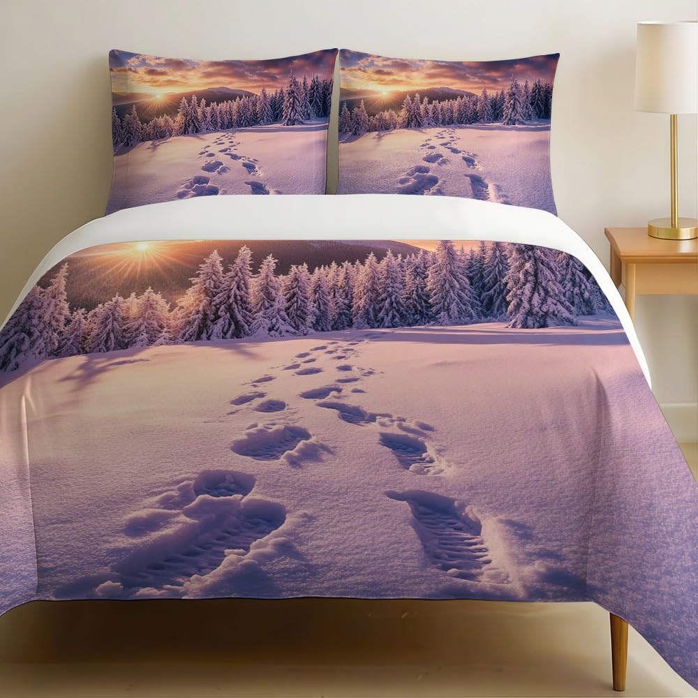 Linge de lit 240x260 cm en microfibre de qualité supérieure blanche à motif forêt de pins d'hiver
