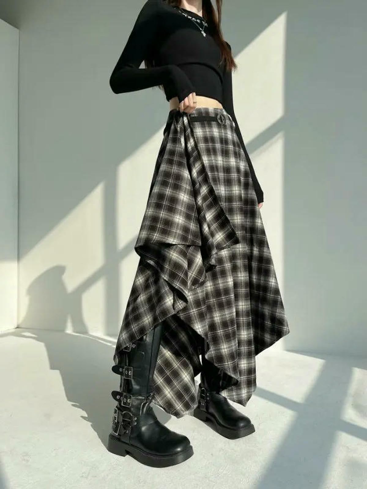 Gonna Lunga Gonne Lunghe di Lana da Donna 2025 Goth Lolita Autunno Inverno Vita Alta con Volant Scozzese Asimmetrica Maxi Cintura-Blu-XL
