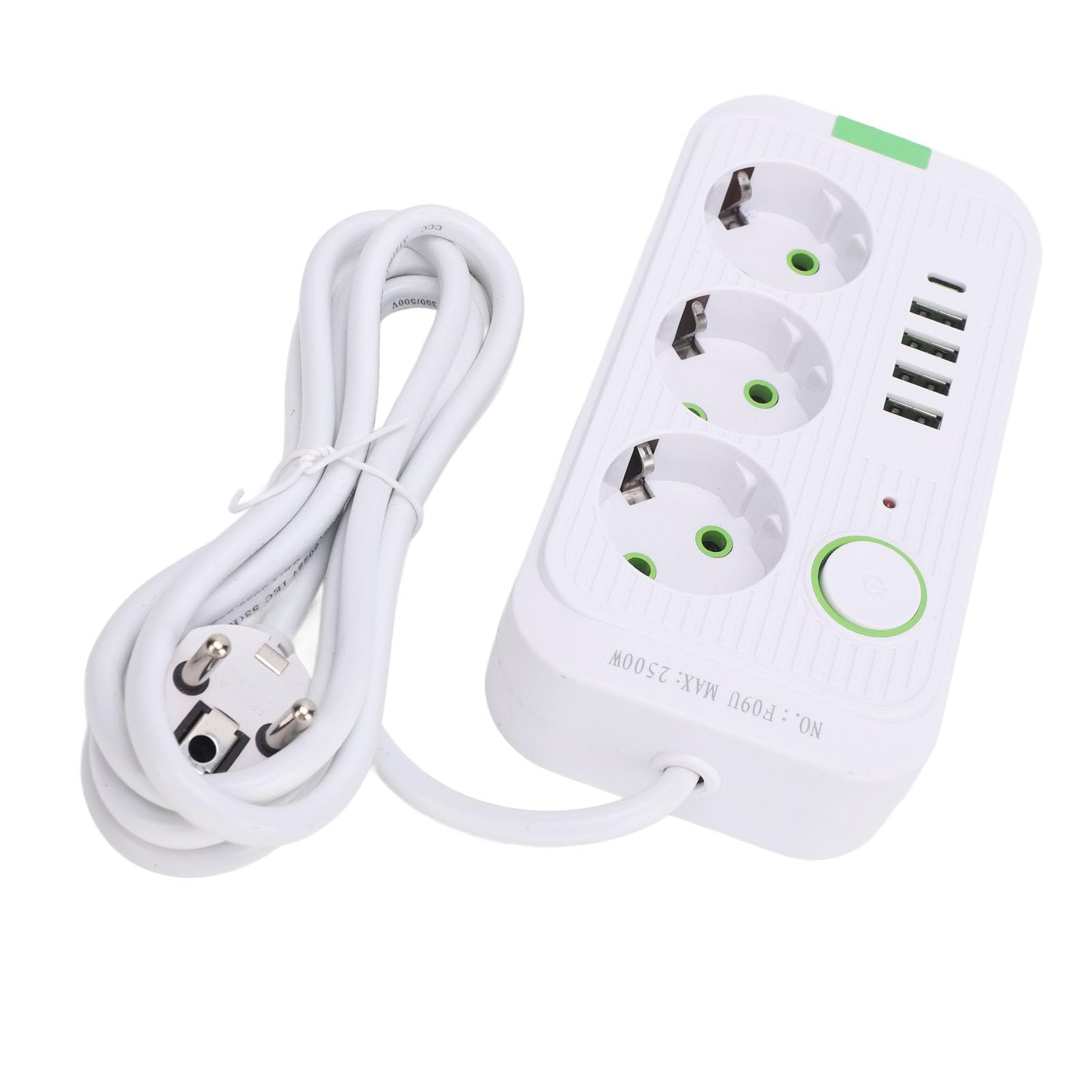 Regleta Europea con Toma de Corriente, Alargador de Enchufe con 3 Tomas, 4 USB y 1 USB C, Interruptor de Sobrecarga, Montaje en Pared, Cable de 2m, para Oficina, Dormitorio, (White)