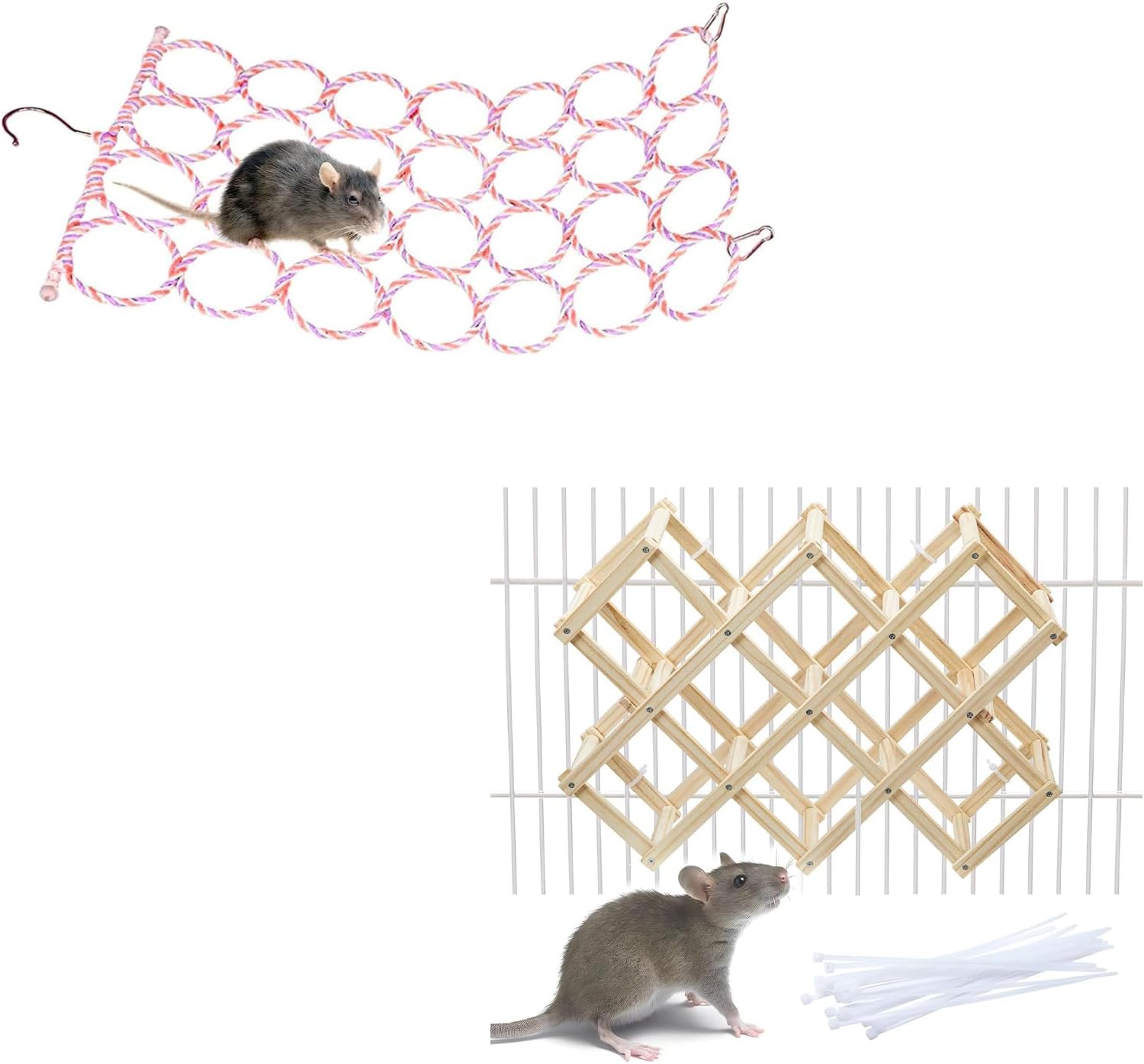 1Pcs Rat Climbing Rope Net Toy for Cage, Bird Hemp Rope Perch Swing & Wooden Rat Climbing Toys, Natural Pet Rat Cage Accessories Climbing Ladder, Fancy Rats Enrichment Toys Activities (L)