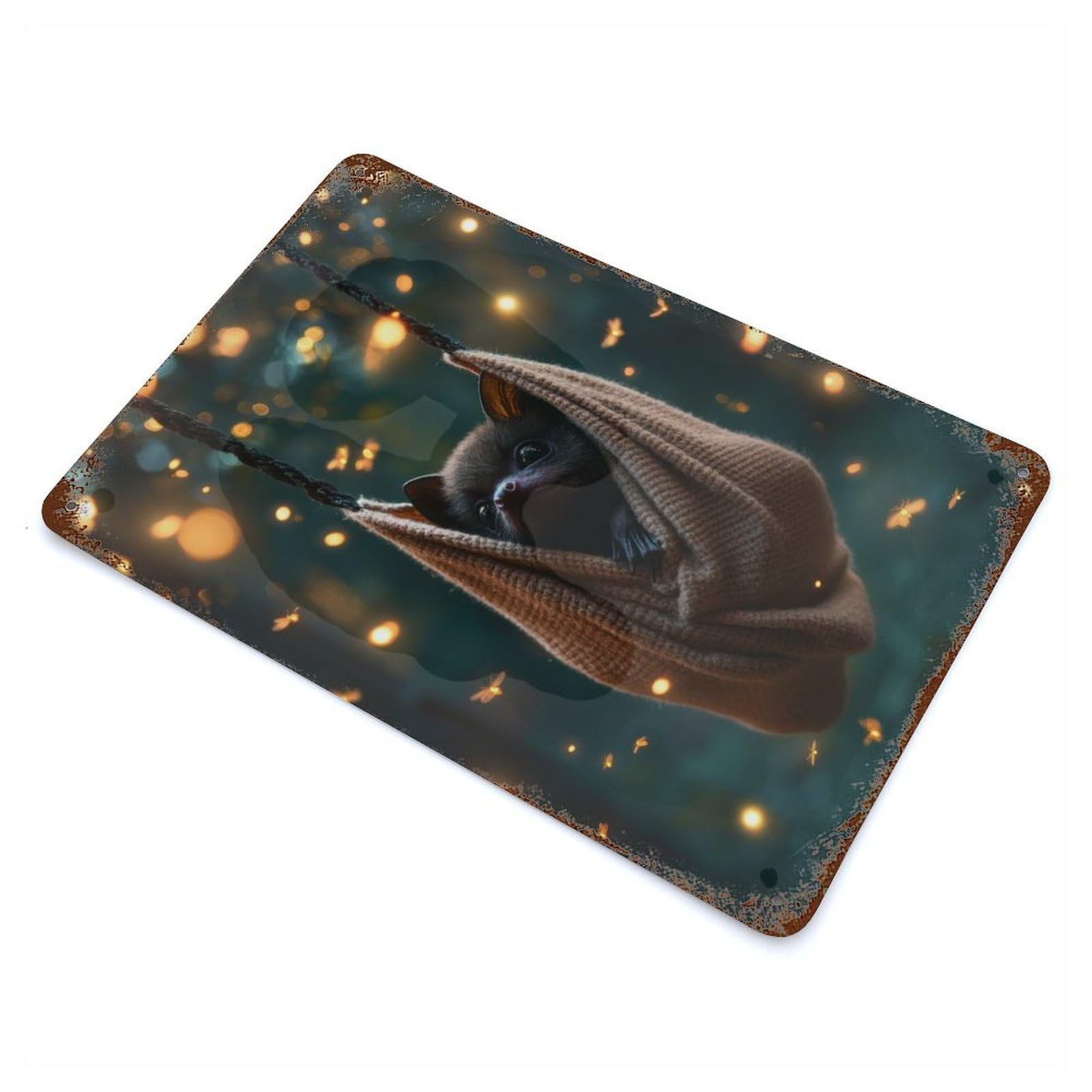 Bat in A Hammock Rustic Tin Plaque 11.8"x7.9", Ideal for Cafe, Home Bar And Lounge Decor