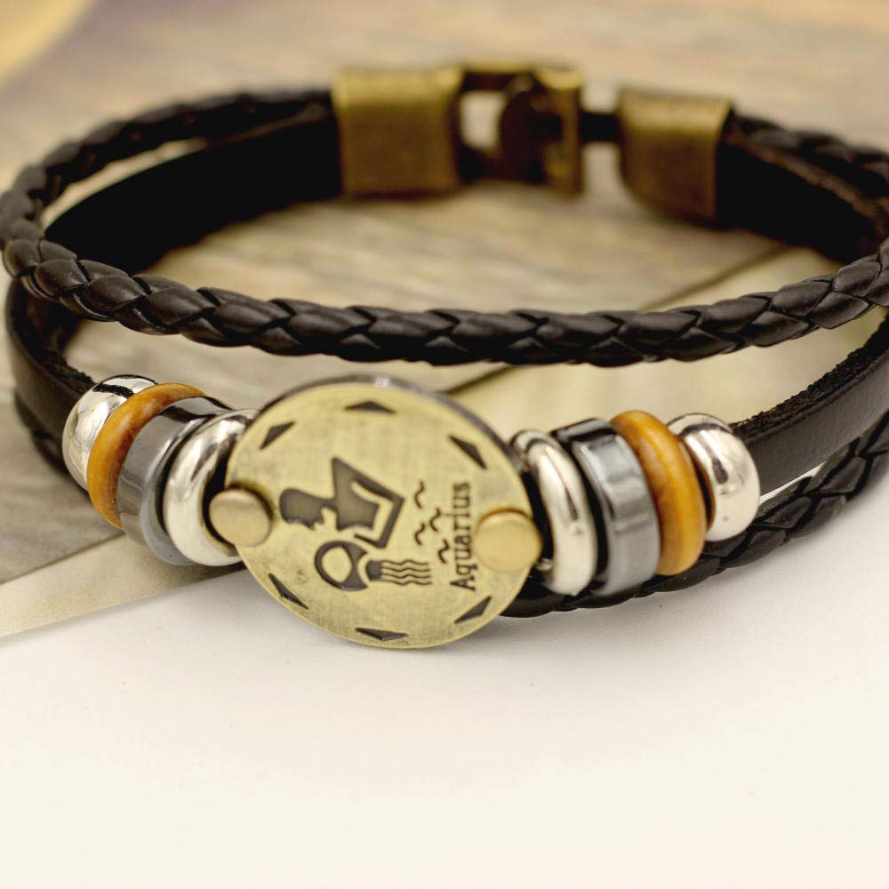 Lederarmband für Frauen, mehrschichtige Retro-Leder-Lederarmband-Braun-Schüler Paar Wassermann Lederarmband Geburtstagsgeschenk 12 Sternhalter Lederarmband Personalisierte Kleidung Accessoires Schmuck