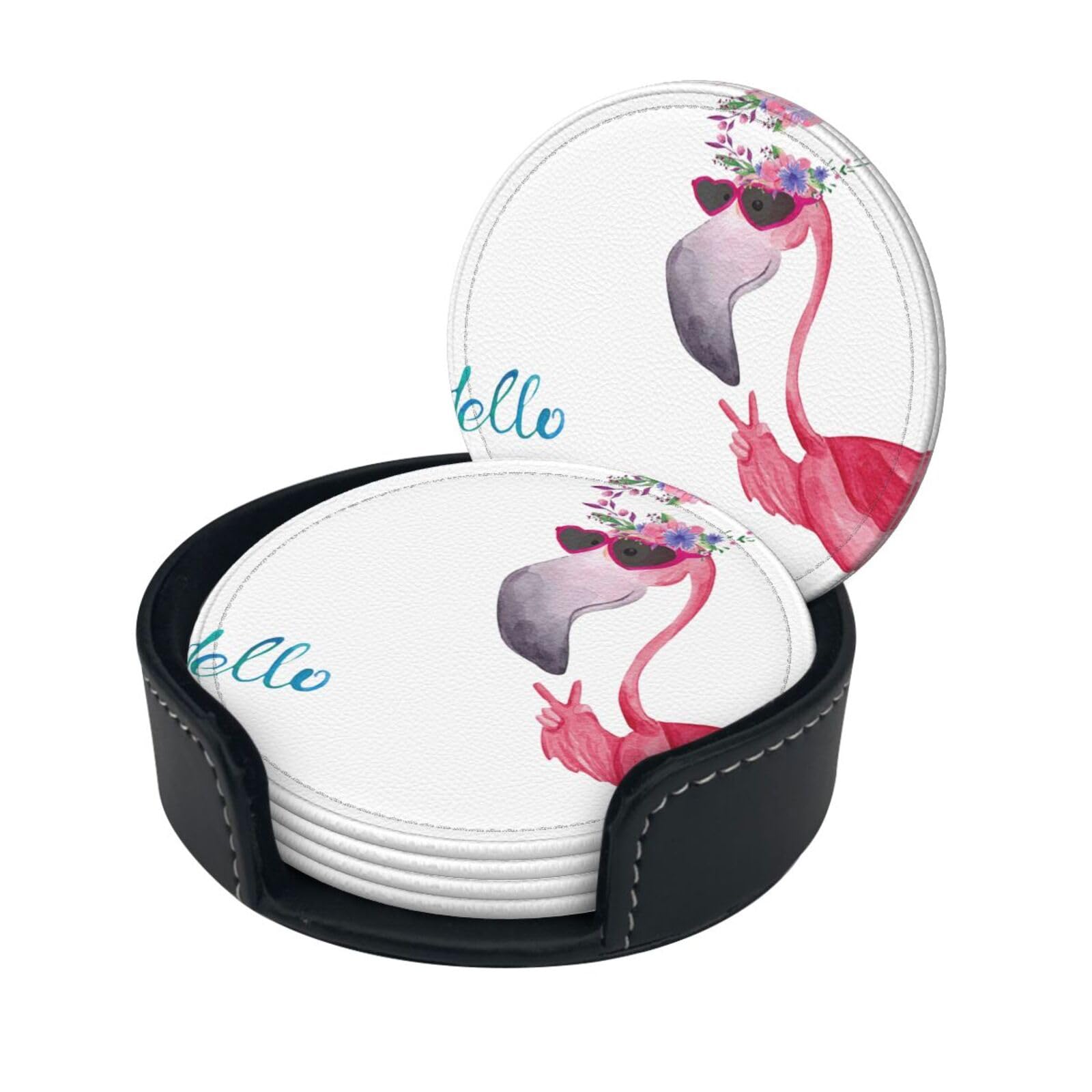 Lklddpzb White Hello Glasses Flamingo Print Round Leather Coasters - Set Of 6, Ultra-Fiber Pu Leather
