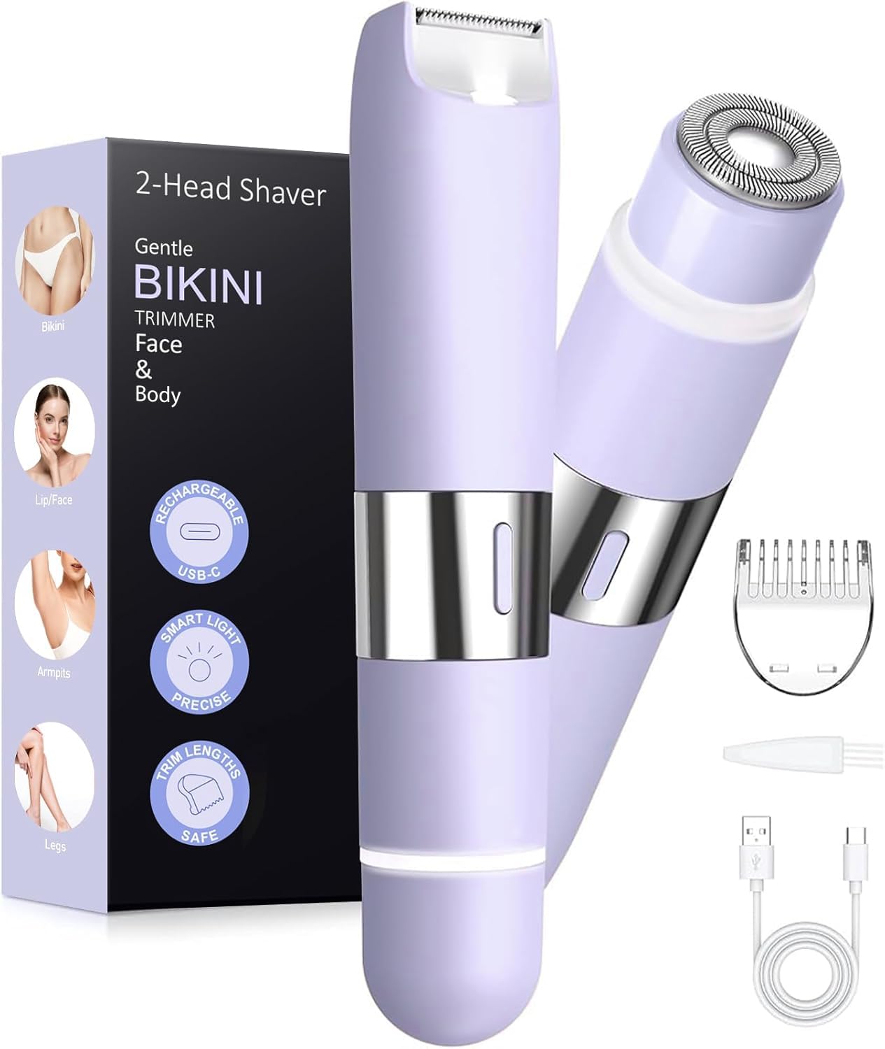 Bikini Trimmer Women 2-in-1 Facial Hair Remover for Women,USB-C Razors Woman,Dual Head Shaver Women with Light for Intimate,Lady Shavers for Woman Pubic Hair for Lip Underarm Body,Travel Lock,Violet