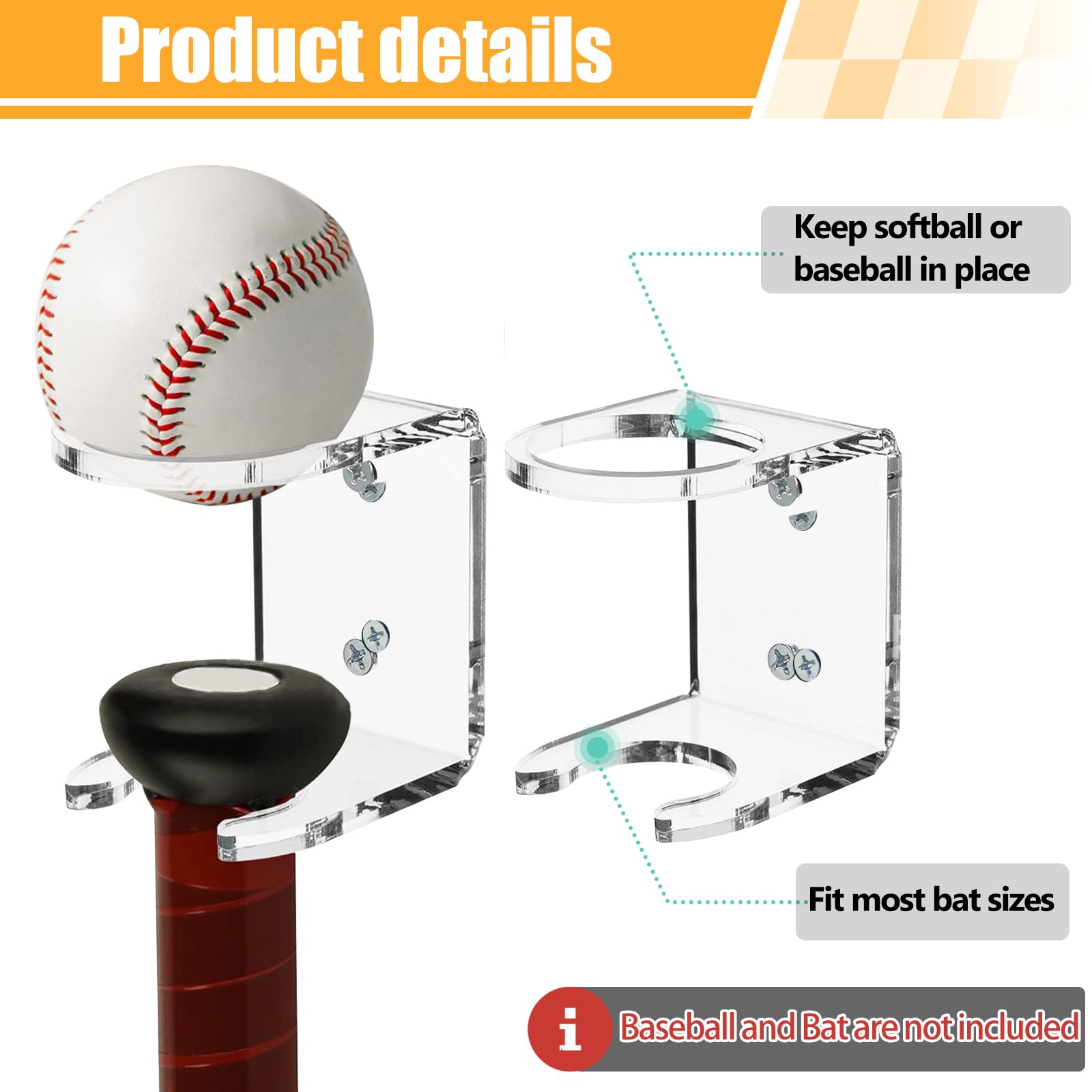 Lot de 2 supports muraux pour rangement de batte de baseball en acrylique - Organisateur d'équipements de sport pour présenter des raquettes et des balles à la maison ou au stade de baseball