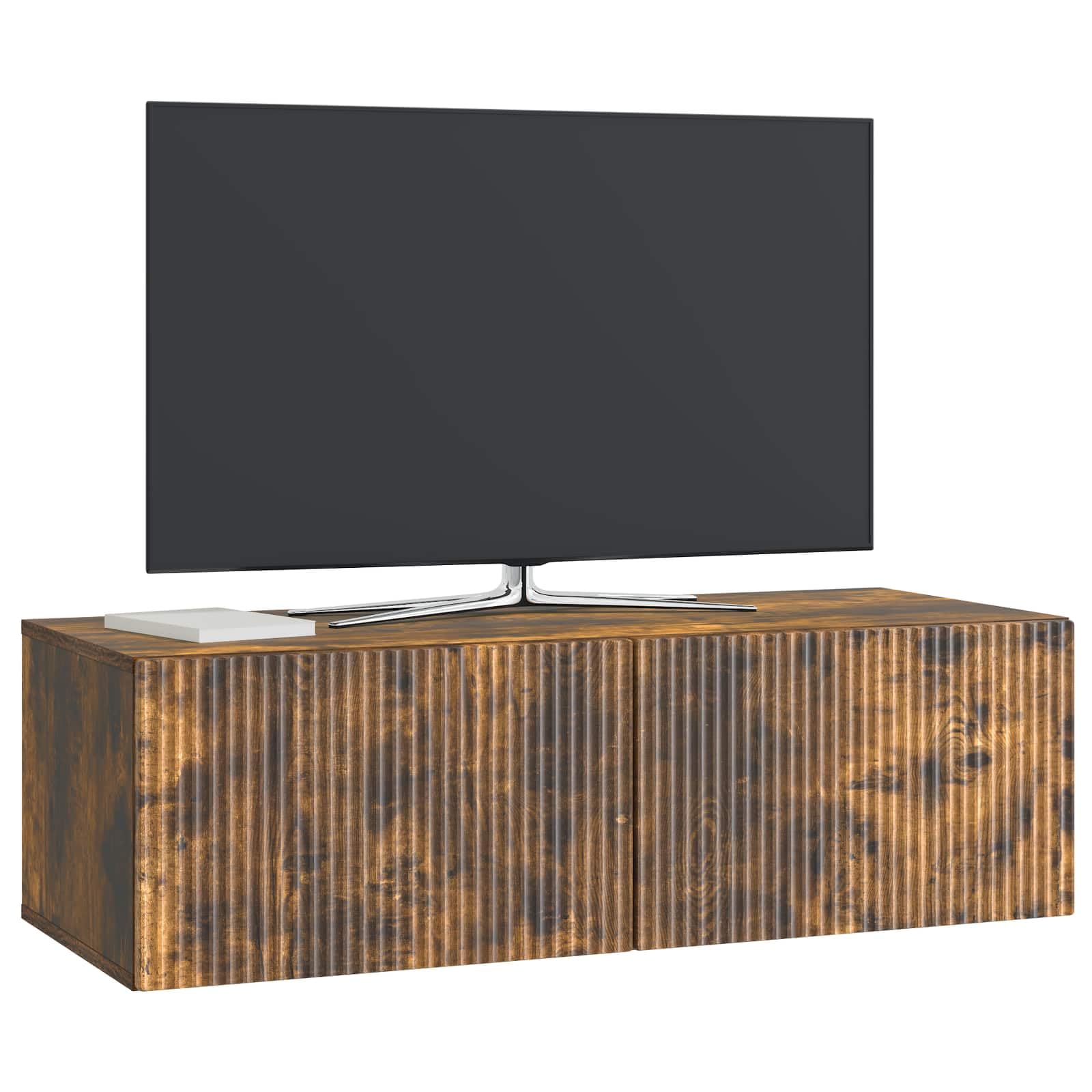 Wandmontierter TV-Schrank Geräucherte Eiche, 98 x 41 x 30 cm Schwebendes TV Lowboard aus Holzwerkstoff, Platzsparender Fernsehschrank mit 2 Türen für Wohnzimmer & Media Center