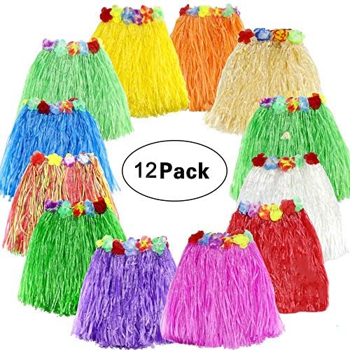 Spiel Hawaiian Luau Hula Grass Skirt 12 Pack Hula Skirt with Colorful Silk Faux Flowers for Birthday Tropical Party Celebration Supplies 15.7inch