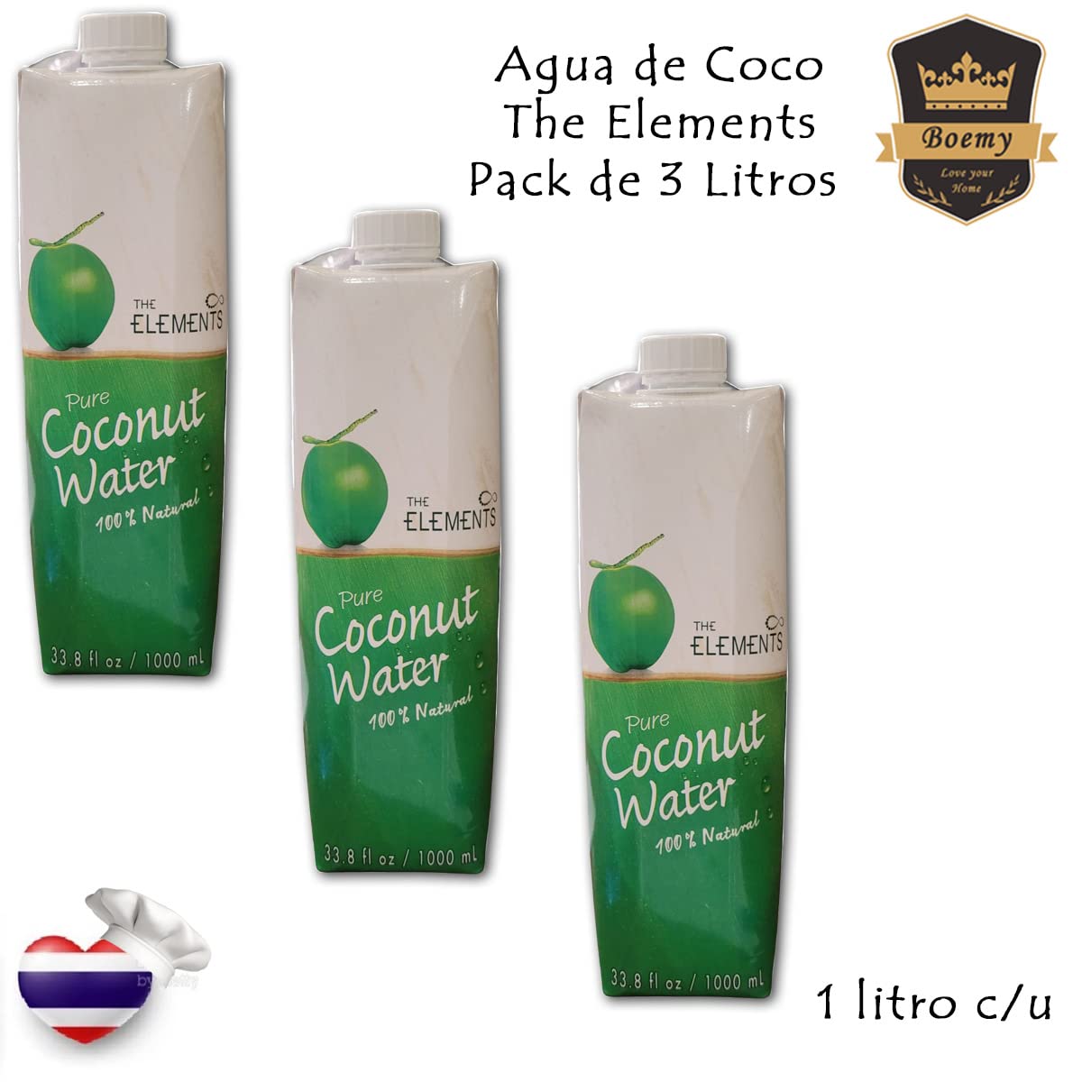 3 paquetes de Agua de Coco The Elements [ 3 x 1000 ml ] By Boemy - 3 litros 100% de Pura Agua de Coco - Pack Coconut Water - Importada desde Tailandia -