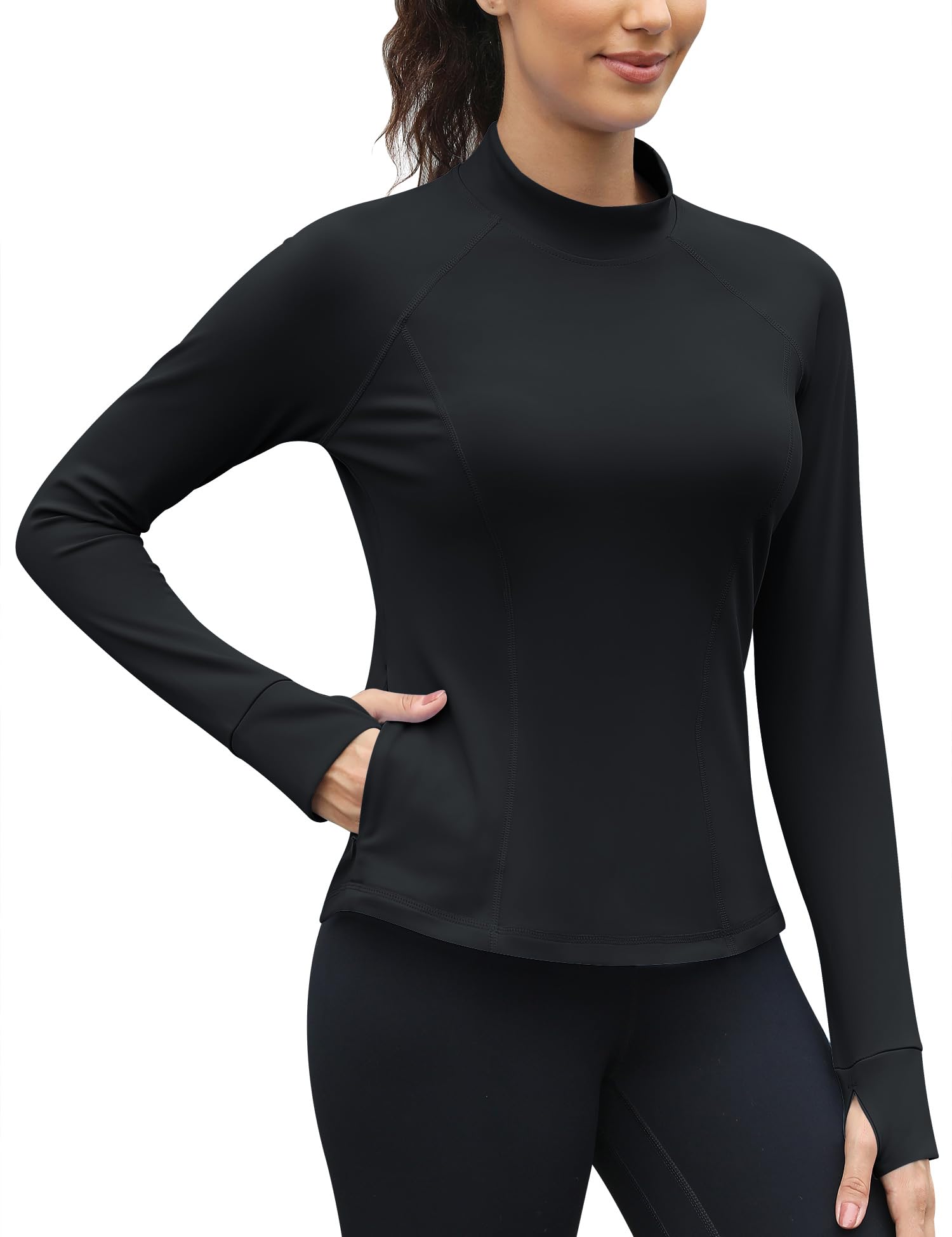 Thermo Shirt Damen Langarm mit Zwei Tasche Fleece Langarmshirt Mockneck Sport Atmungsaktiv Funktionsshirt Long Laufshirt