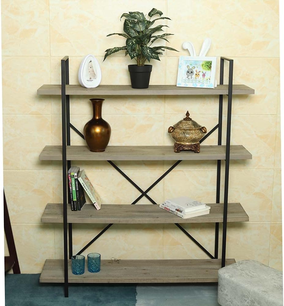 YataiWooden Shelf Stand, 4 Tier Free Standing Ladder Shelf, Plant Stand with Metal Frame, Durable & Space-Saving Bookshelf Rack, Rustic Home Decor Multipurpose Shelf Stand for Office, Room & Kitchen