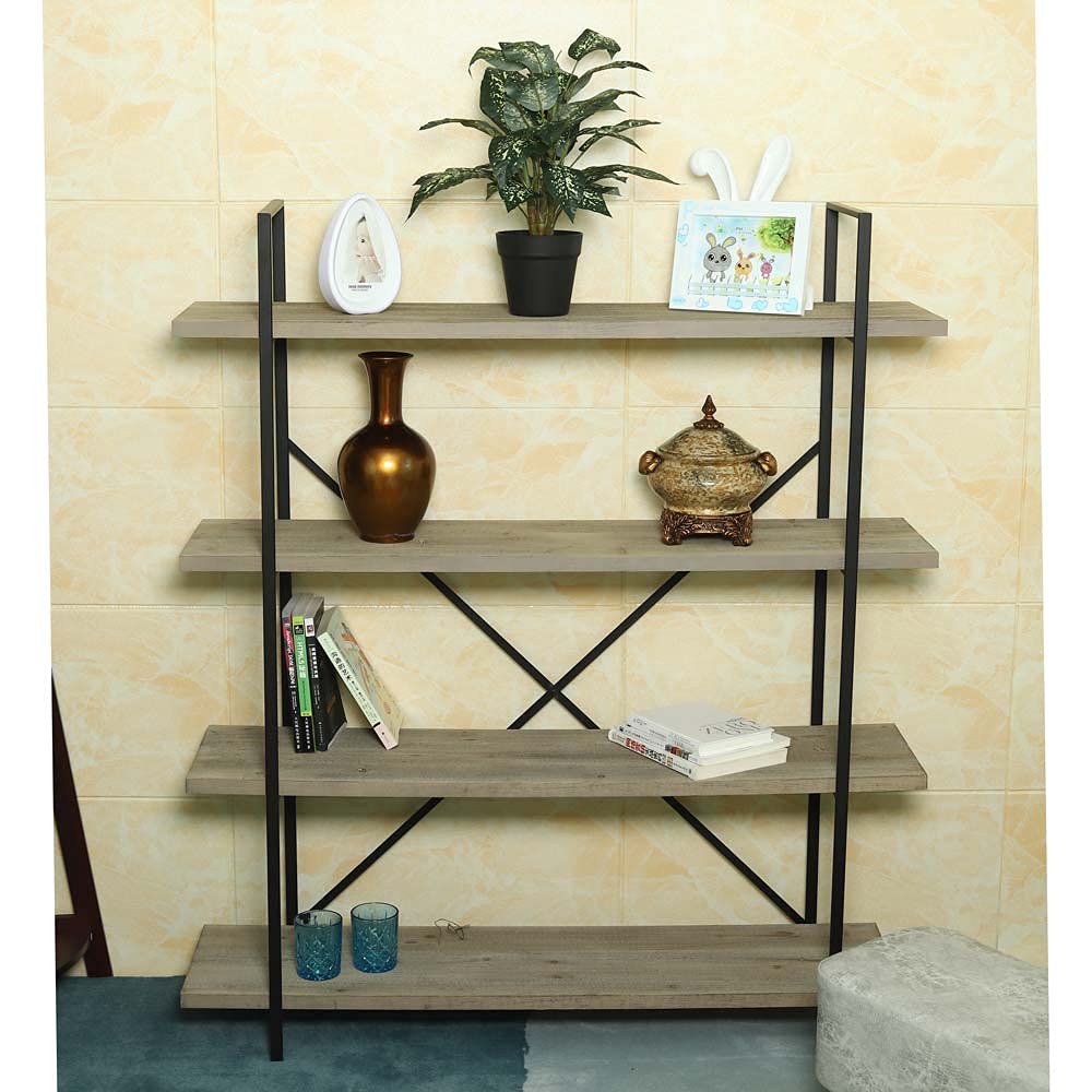 YataiWooden Shelf Stand, 4 Tier Free Standing Ladder Shelf, Plant Stand with Metal Frame, Durable & Space-Saving Bookshelf Rack, Rustic Home Decor Multipurpose Shelf Stand for Office, Room & Kitchen