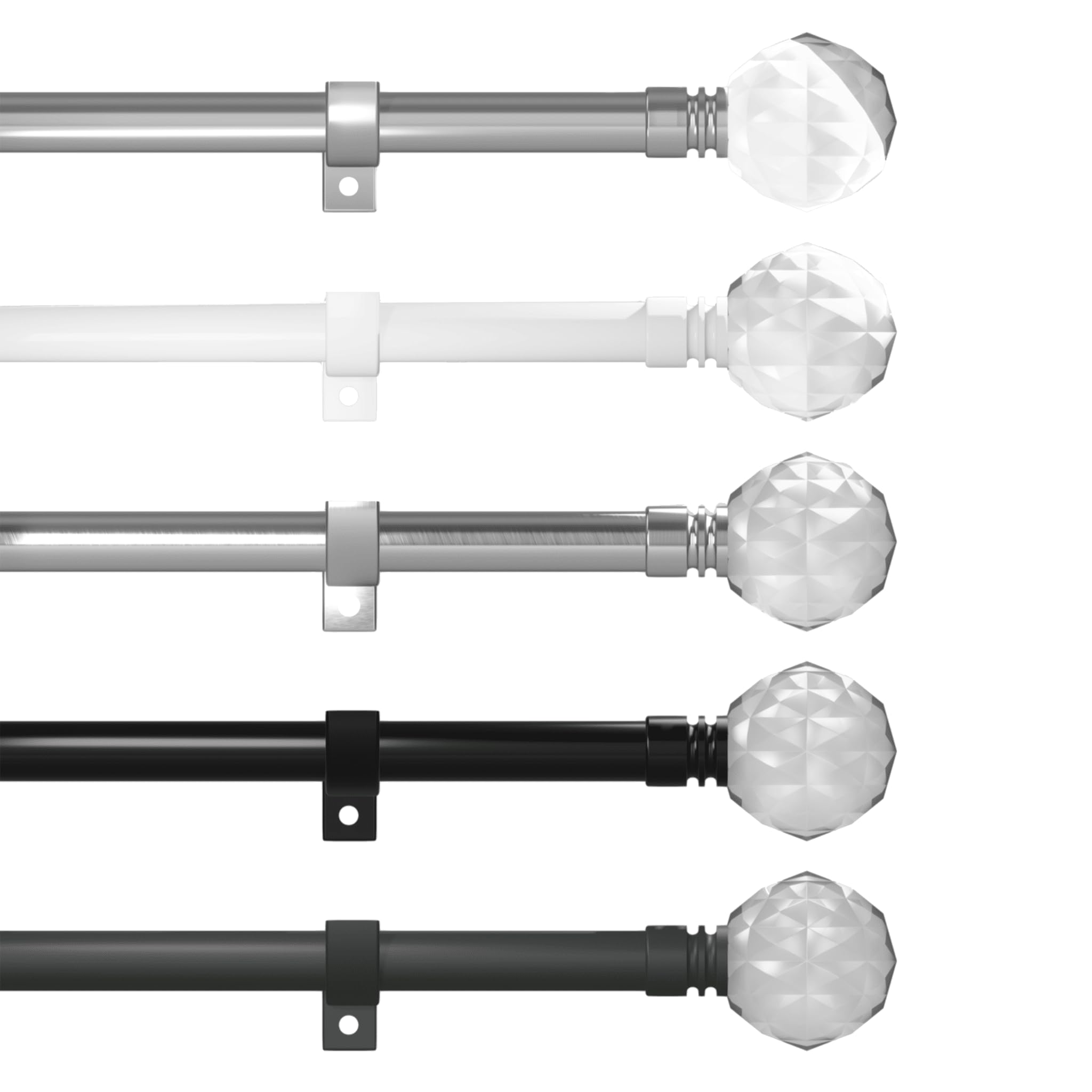 Caecus Metal Eyelet Extendible Curtain Pole 28mm Diamanter 070-120cm Length Painted Black with Crystal Ball Finial Ends