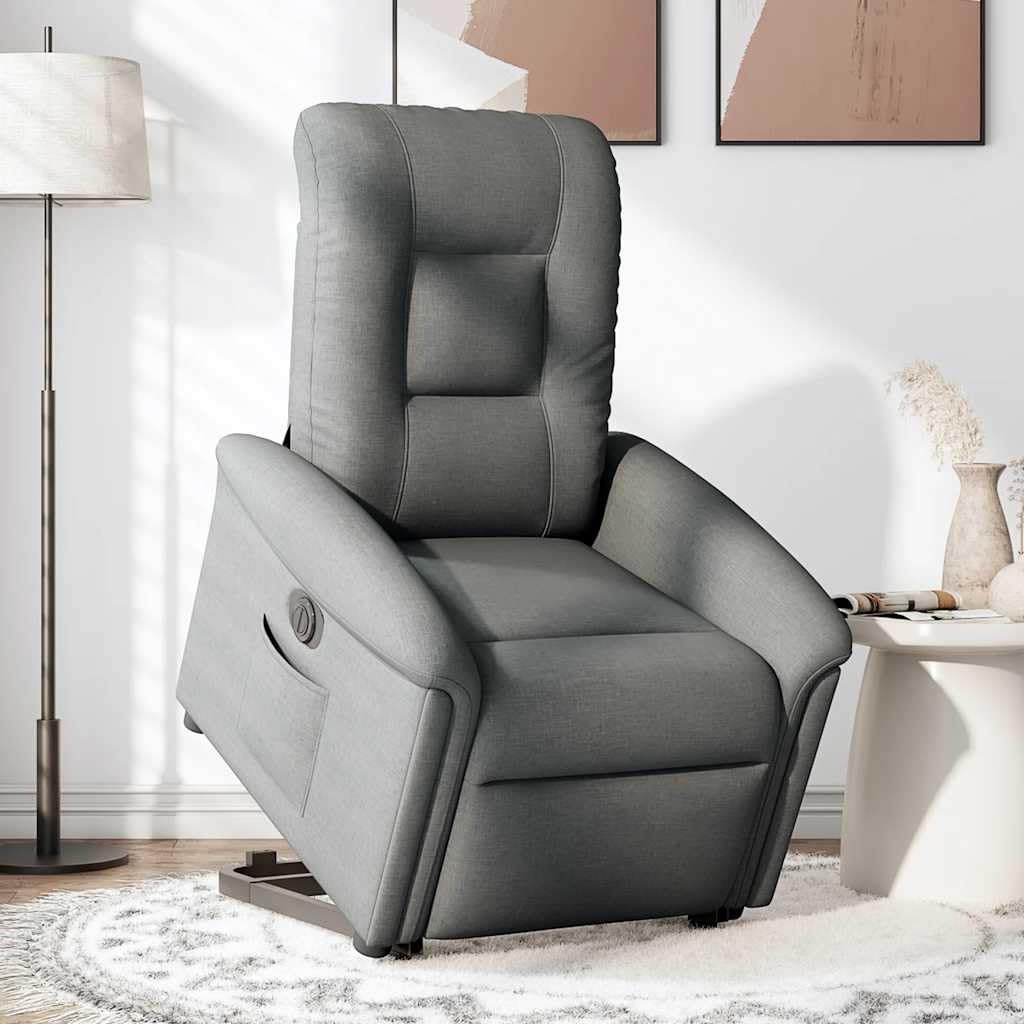 Sillón elevador reclinable eléctrico gris oscuro tejido con función de elevación e inclinación 135 grados, estructura estable y bolsillo lateral, asiento acolchado
