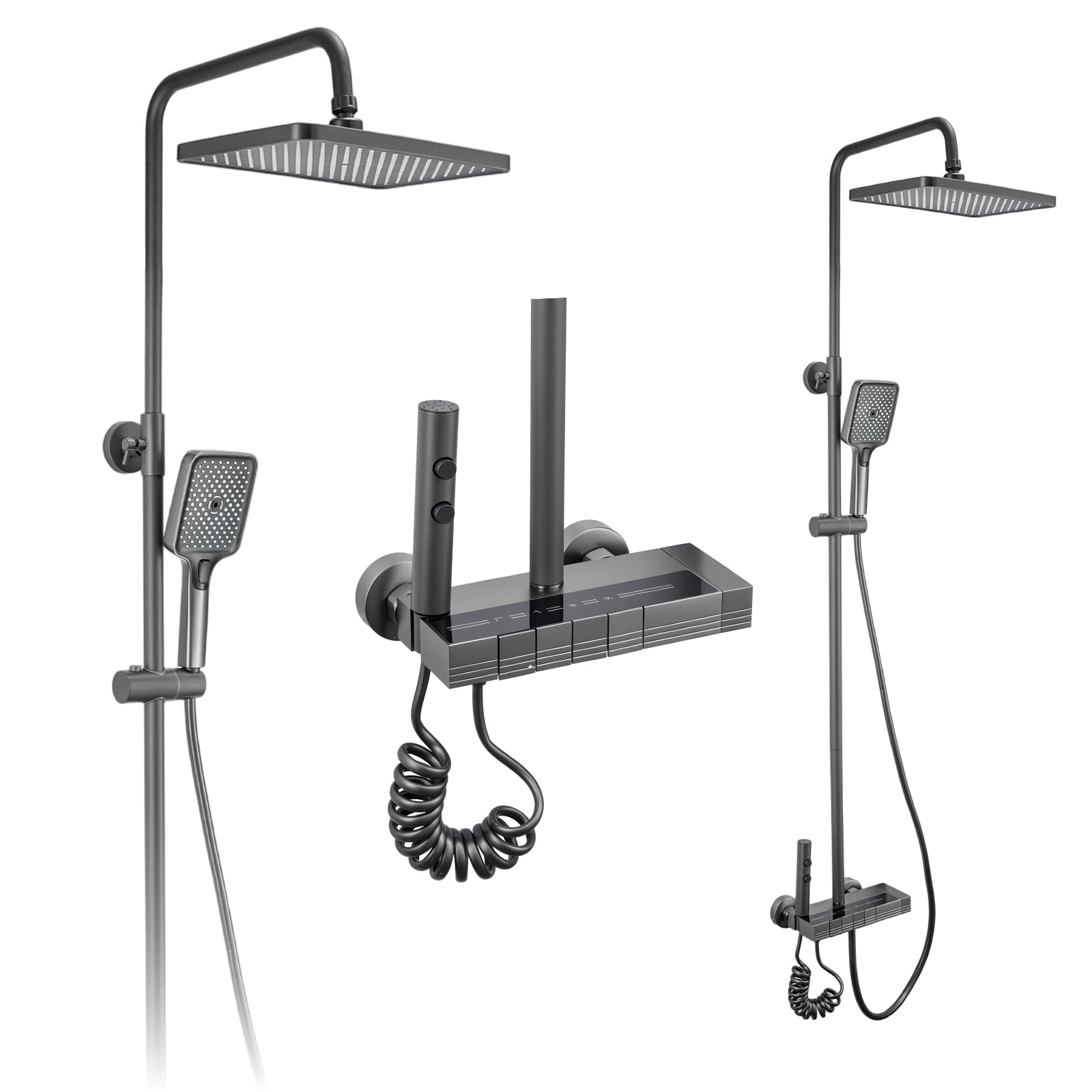Columna de Ducha Termostática LED Negro Mate Cabezal Lluvia 20x30 cm Alcachofa 3 Modos Pistola Spray 2 Funciones Altura Regulable Giro 360°