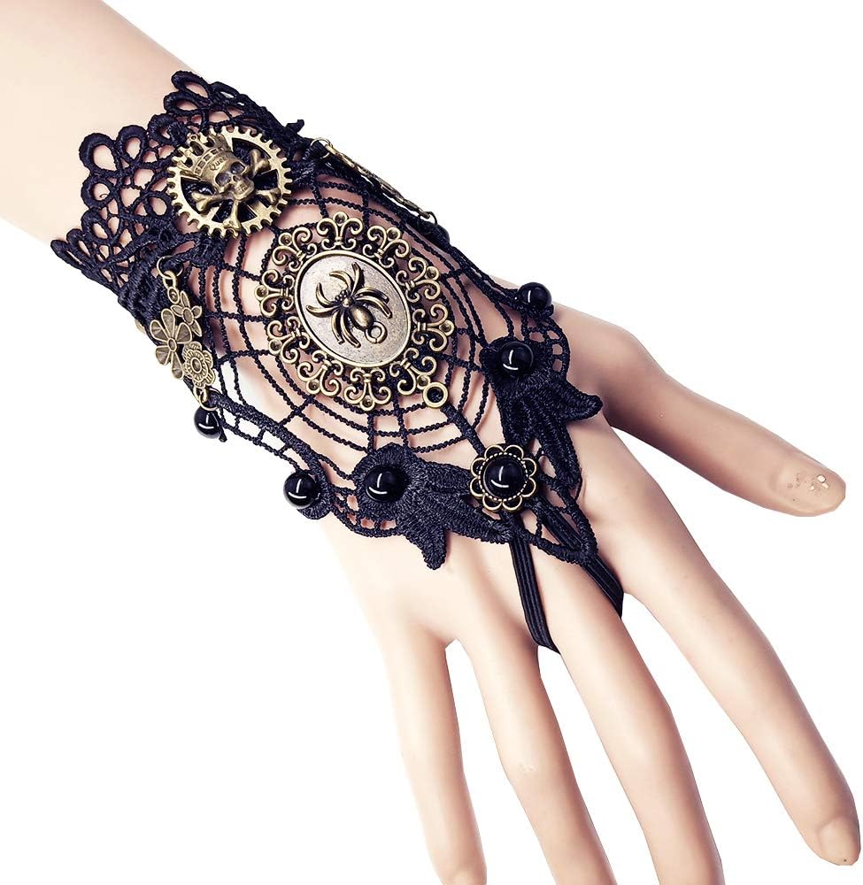 Daimay Bronzing Fingerless Gloves Gothic Floral Lace Steampunk Wristband Ring Vintage Beaded Gloves Bridal Bracelet Ring Set - 1 Pair – Spider Web
