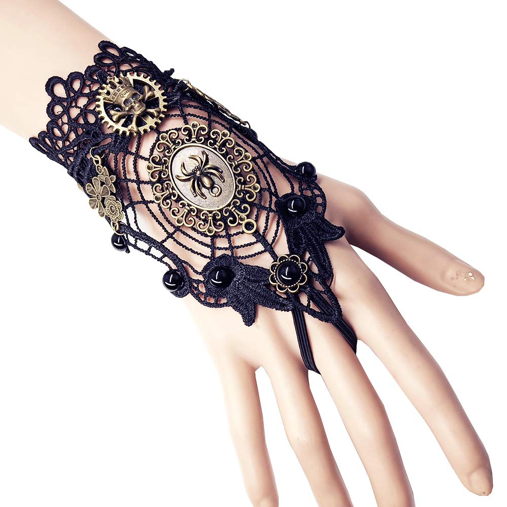 Daimay Gants Sans Doigts Bronzants Bracelet Steampunk Avec Dentelle Florale Gothique Bague Gants Perlés Vintage Ensemble De Bague De Mariage - 1 Paire - Toile D'araignée