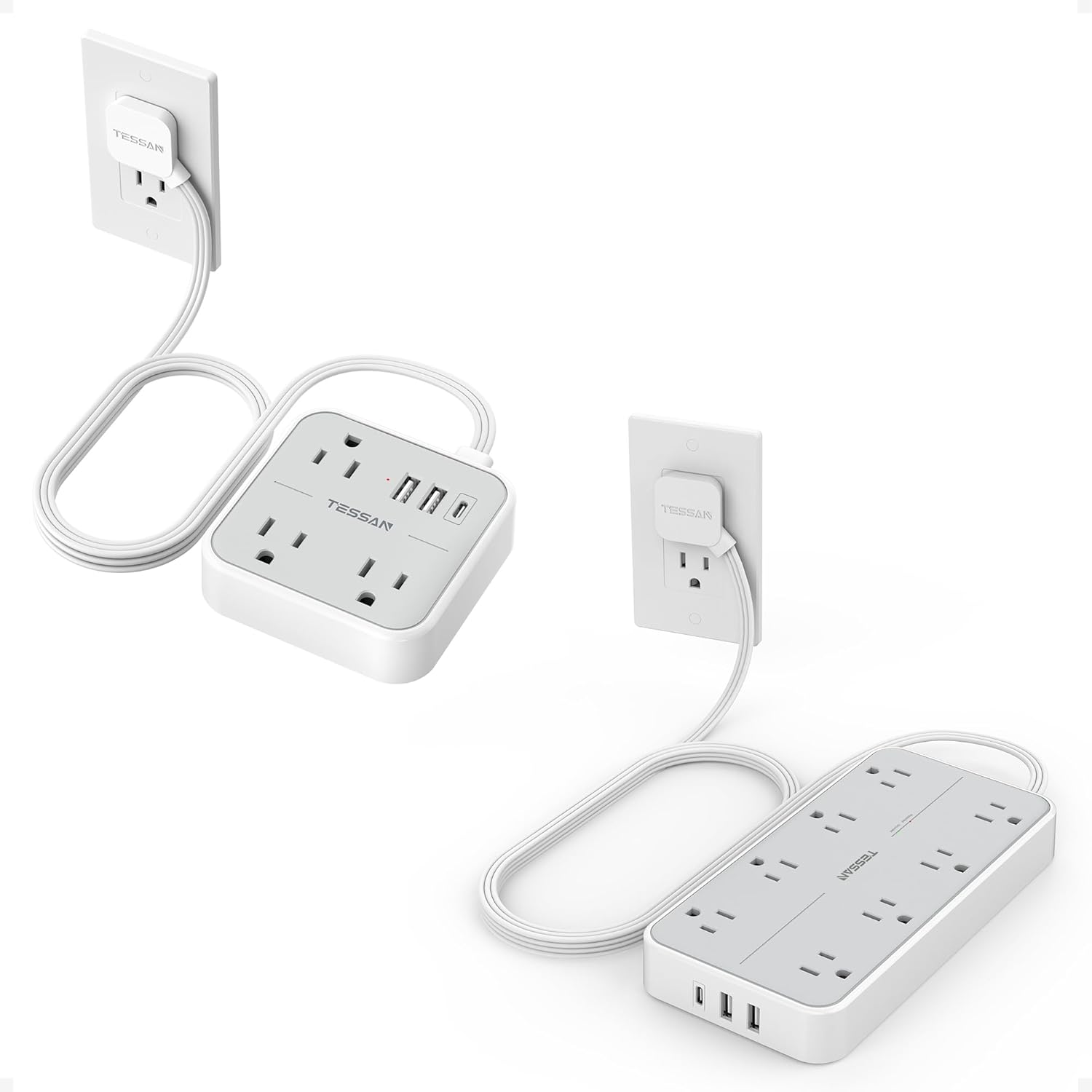 TESSAN Power Strip Surge Protector,Flat Plug Extension Cord with USB Ports (1 USB C),wall Charging Station with Multiple outlets for Office, School, Dorm Room Essentials