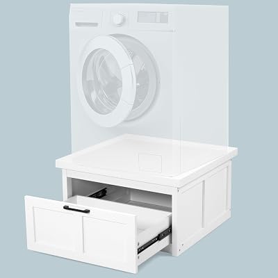 Ilyapa Washer and Dryer Stand - Universal Wooden Laundry Pedestal Base with Drawer and Anti Vibration Pads - 400 lb Weight Capacity Washer Stand, Compatible with Samsung, LG, GE, Maytag - 28x28x16 in.