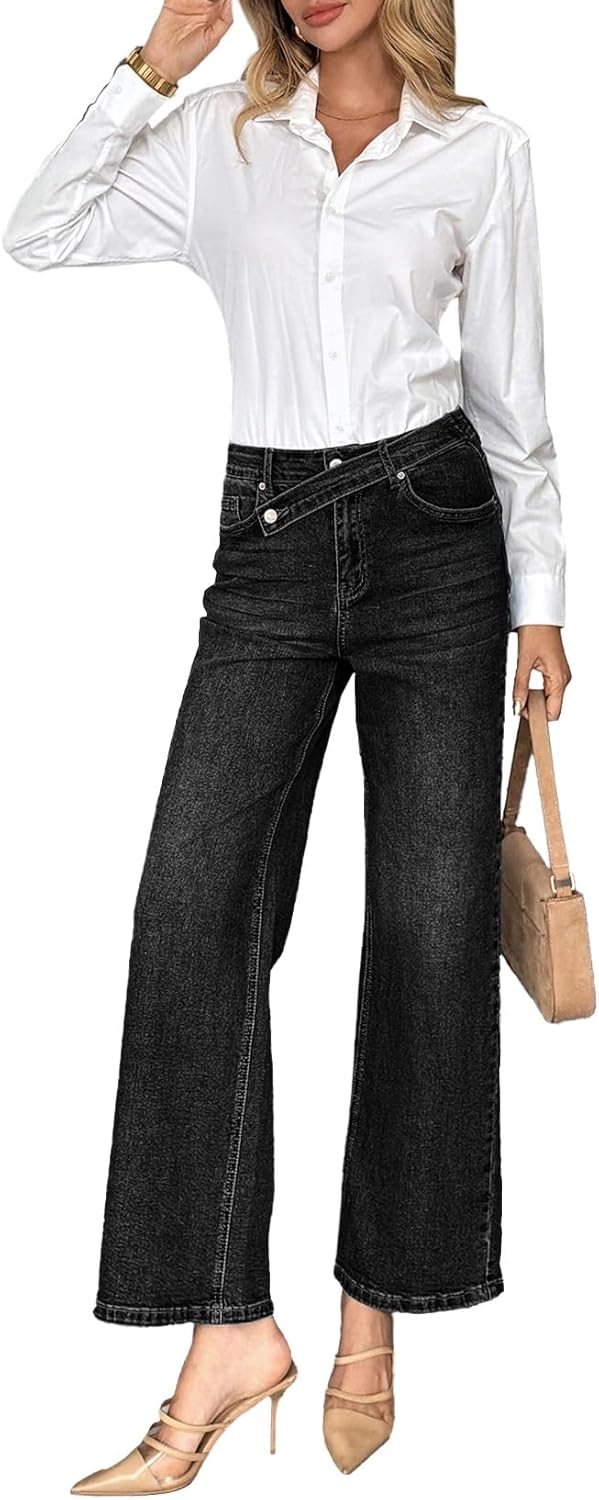 EVALESS Jeans for Women Trendy 2025 Overlap Waist Straight Wide Leg Stretchy Denim Pants - Image 5