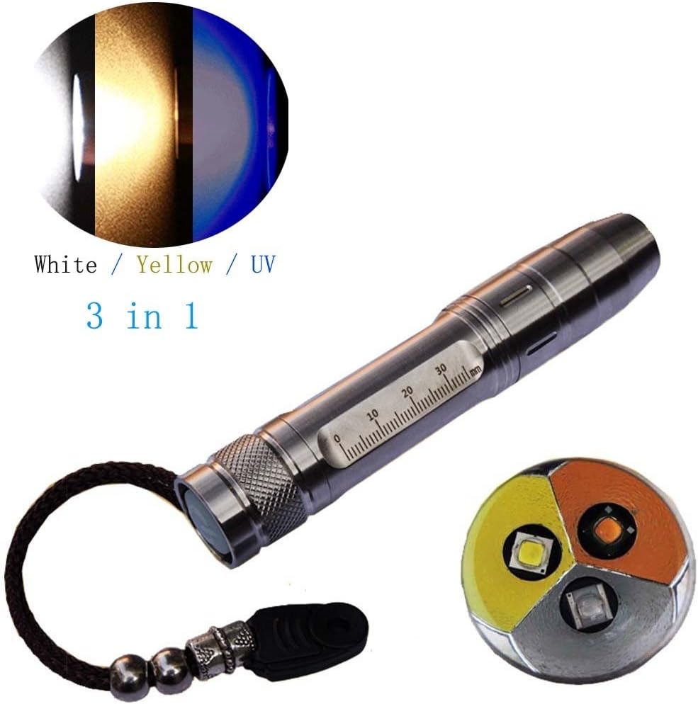 QLEE Led Uv Flashlight 365nm R5 Jade Jewelry Gemstone Identification Lights Ultraviolet/Yellow/White 3 in 1 Light Measurement Scale with Battery