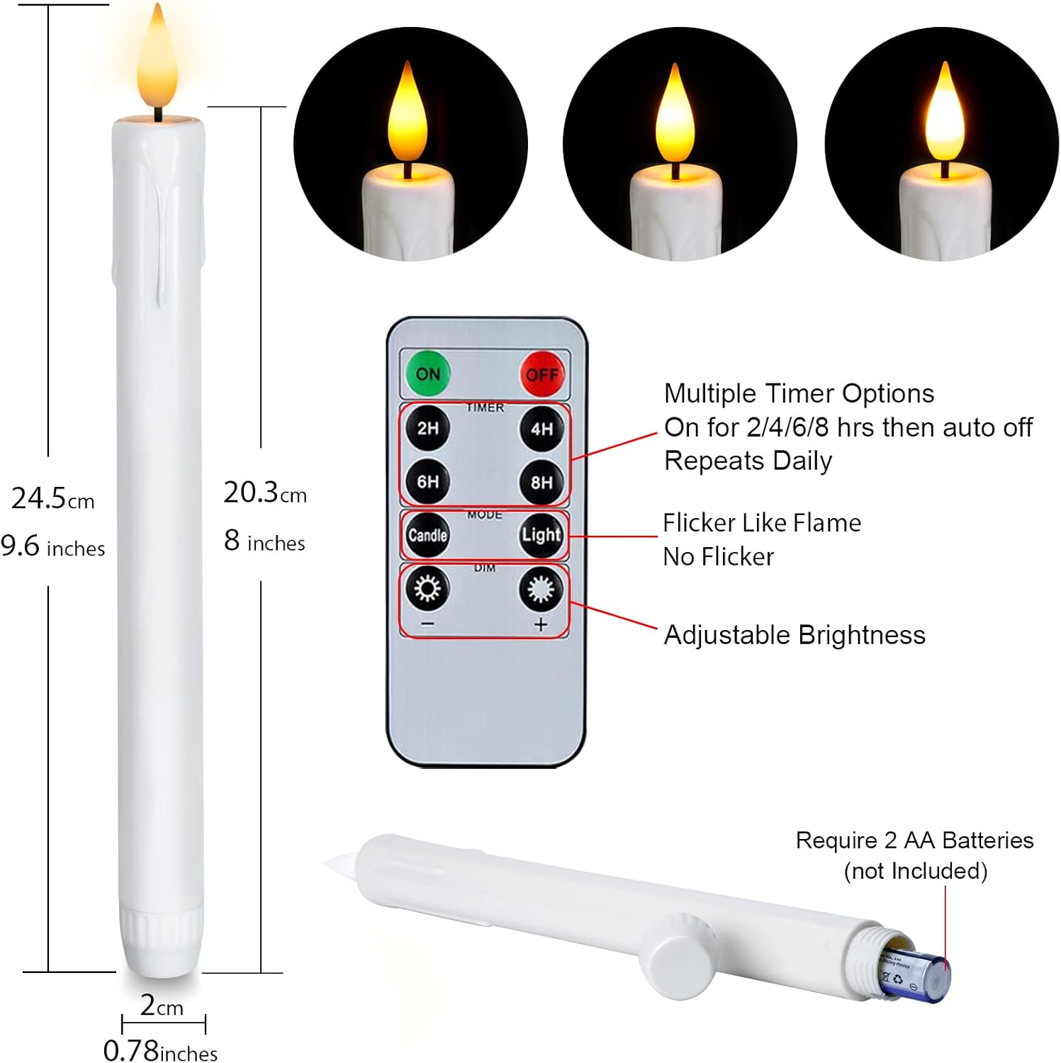 Homemory 3 Pcs Flameless Taper Candles with Remote Timer Dimmer, 9.6 White Flickering Candlesticks Battery Operated, Realistic Plastic LED Candles for Fireplace Wedding Seasonal Indoor Decorations