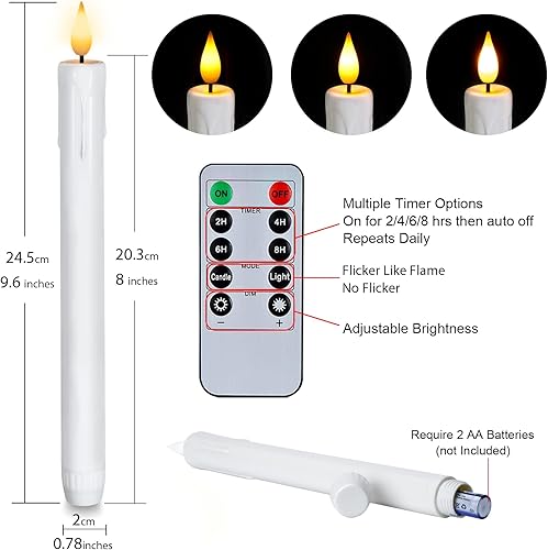 Miniatura 6 de Homemory 3 velas cónicas sin llama con temporizador remoto, velas blancas parpadeantes de 9.6 pulgadas, funciona con pilas, velas LED de plástico
