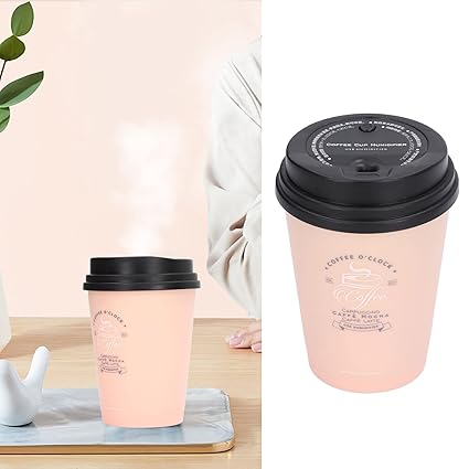 Mini Humidifier, USB 300ml Coffee Cup Low Noise Auto Off Desk Humidifier, Car Humidifier Diffuser, Small Humidifier, Portable Humidifier for Travel, Cute Humidifiers for Bedroom Home Office(Pink)