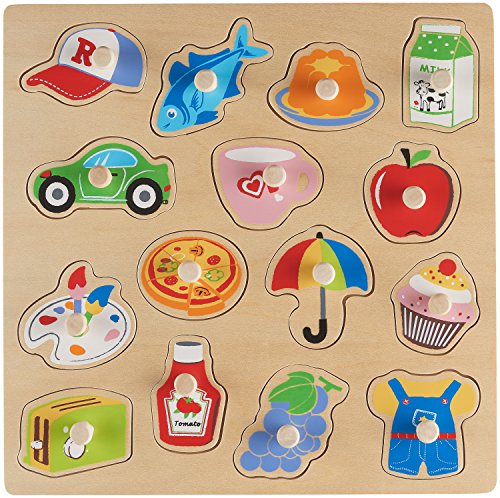 Peg Puzzle Wooden Peg Puzzle For Toddlers – Food – Vehicles – Assorted Educational Daily Life Items - By Dragon Drew (15 PC Set)