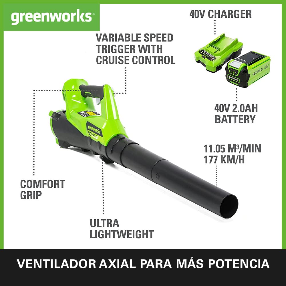 Greenworks G40ABK2 Soplador de Hojas a Batería Axial, con Control de Crucero, 177 km/h, 11,05 m³/min, Batería de 40V 2Ah y Cargador, Garantía de 3 Años