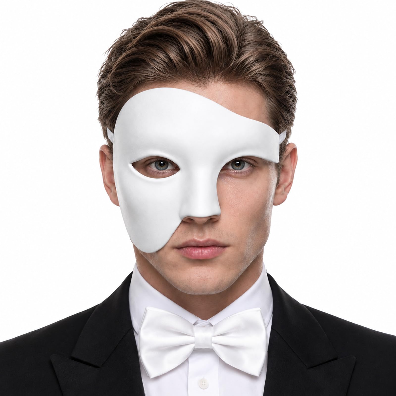 IncreDecor Masquerade Mask for Men Phantom of The Opera Half Face Mask with Bowtie, Venetian Masks for Halloween Party (White)