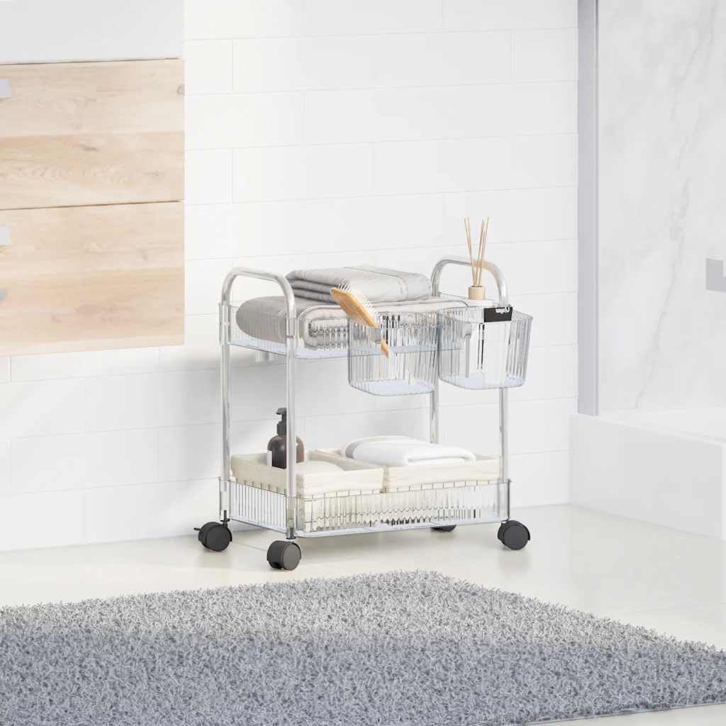 Carro de almacenamiento con 2 niveles de acrílico y acero inoxidable, con ruedas para cocina, baño y oficina, 37 x 28 x 43,5 cm, transparente