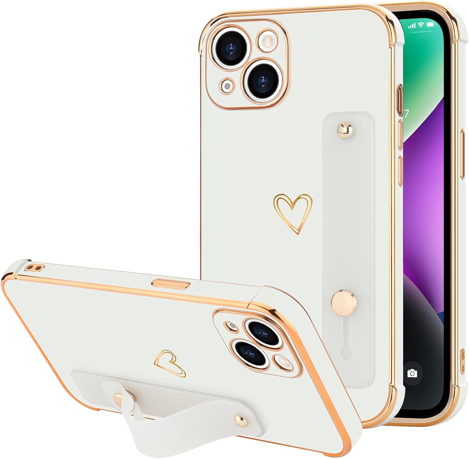 for iPhone 14 Plus Case for Women Girls, Bling Luxury Plated Bumper with Cute Love-Heart Design, Adjustable Hand Strap Stand, Raised Edges Shockproof Protection for iPhone 14 Plus - White