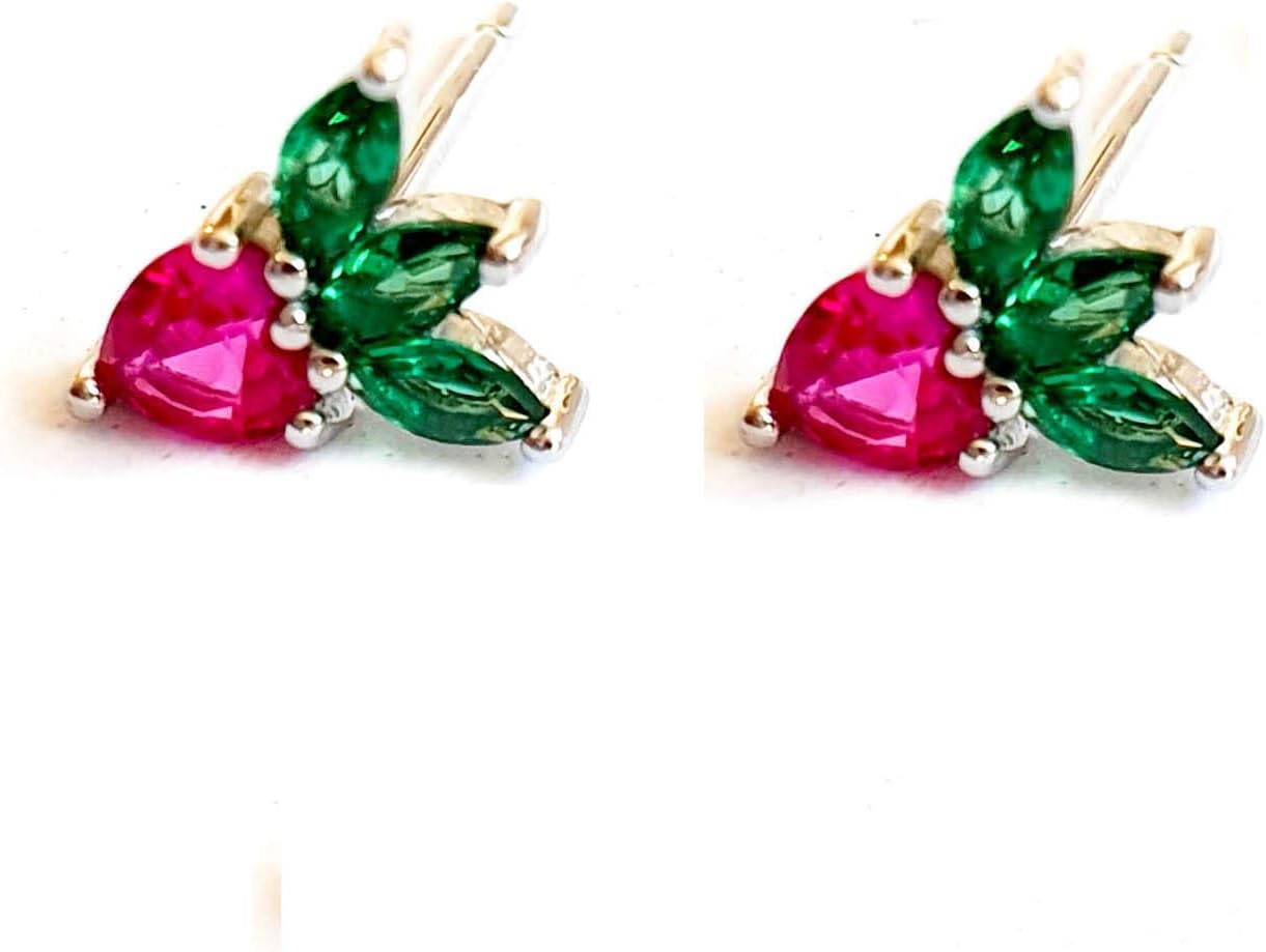 Strawberry Studs Earrings Cubic Zirconia Sterling Silver 925 Fruit Food Jewelry Fun Ear Posts