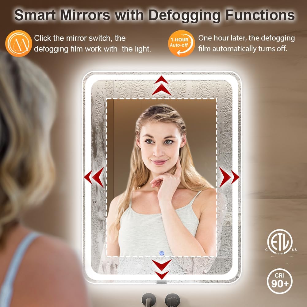 20" x 28" LED Bathroom Mirror with 3D Backlit, 3 Color Temperature Adjustable Brightness Anti-Fog Memory Function ETL Listed IP44 Waterproof Wall Mounted Easy to Install
