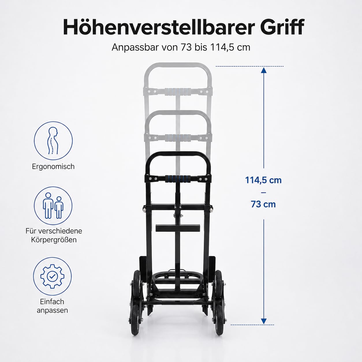 Treppensteiger Sackkarre klappbar bis 210kg - Profi Treppensackkarre aus Stahl mit 6 PU-Rädern,Transportkarre höhenverstellbar 73-114,5cm für Umzug & Treppen, Schwarz